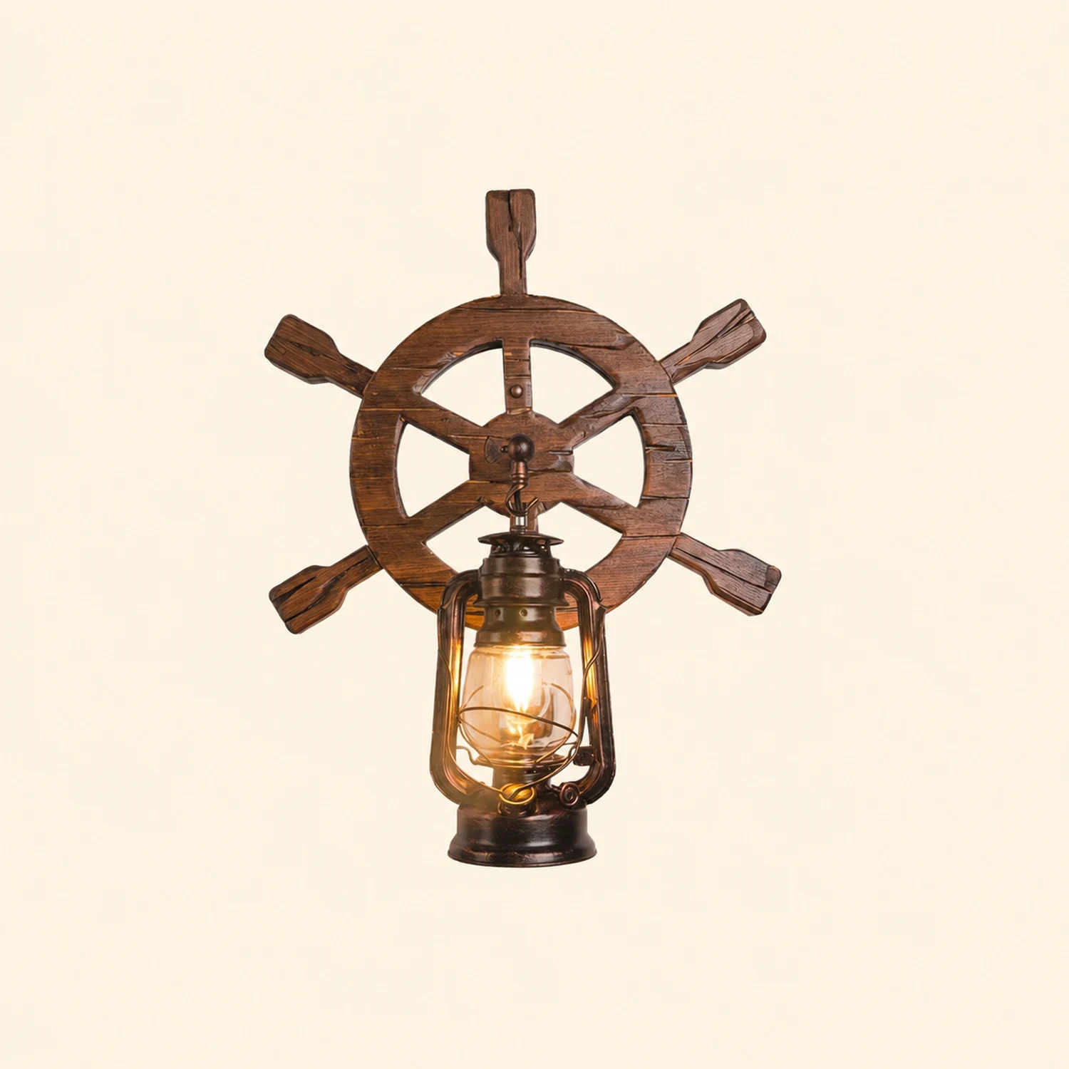 Austin Wall Lamp Retro Rudder Lantern Brown Wooden, Bedroom - Lumpaz