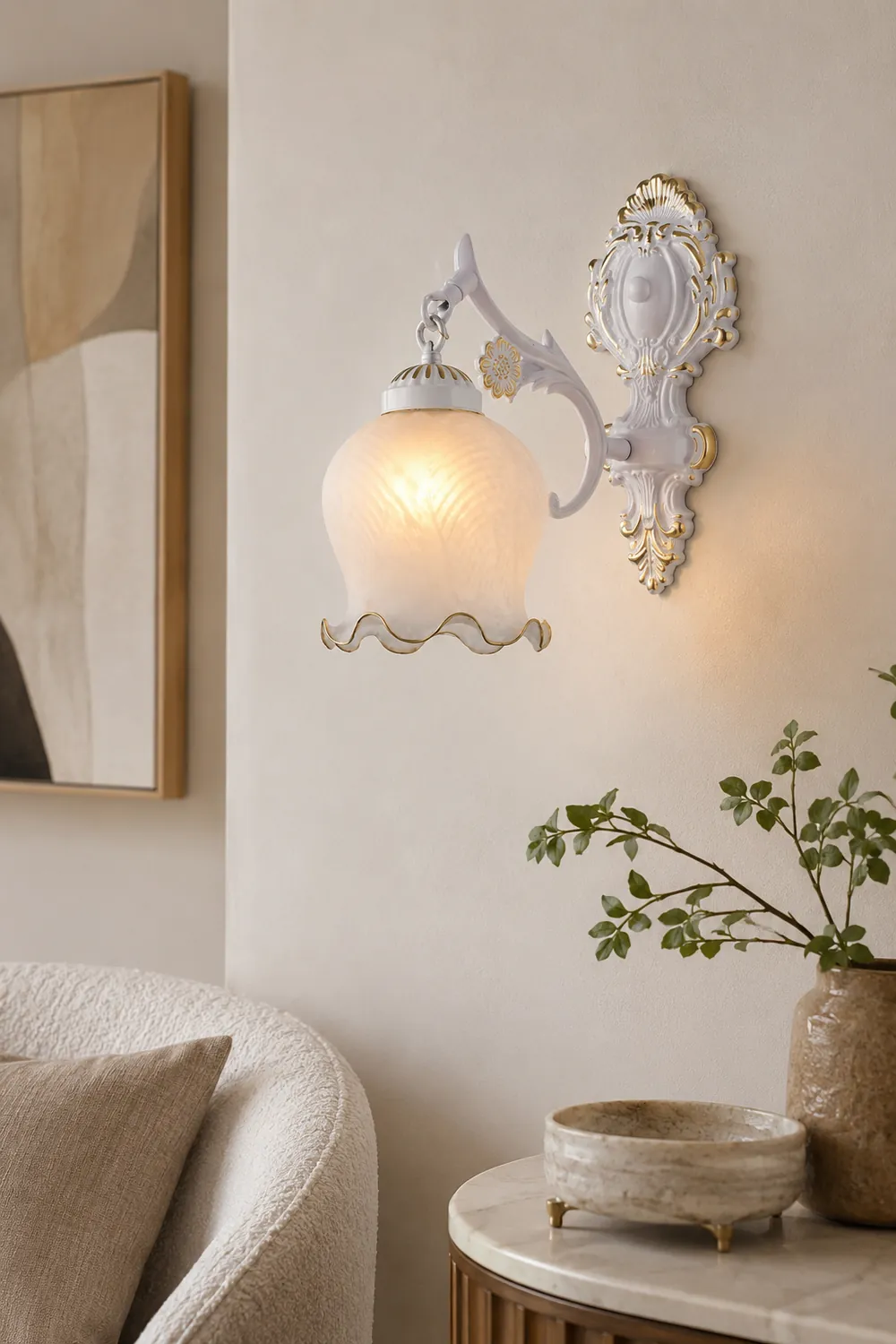 Félicie Vintage Flower shape Metal&Glass Modern Wall Lamp, White/Bronze - Lumpaz
