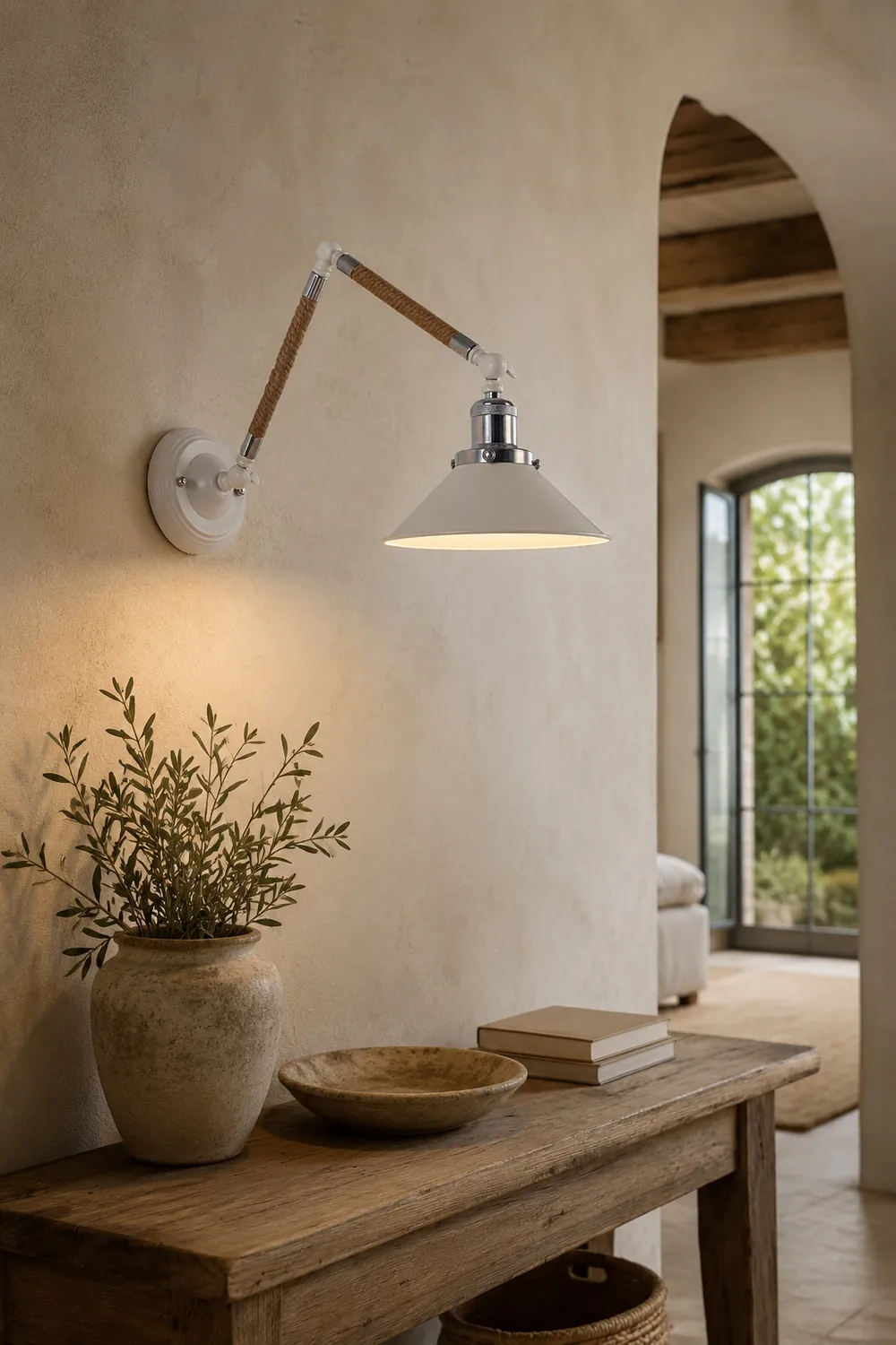 Carins Wall Lamp Hemp Modern, Rope/Metal Adjustable, White, Bedroom - Lumpaz