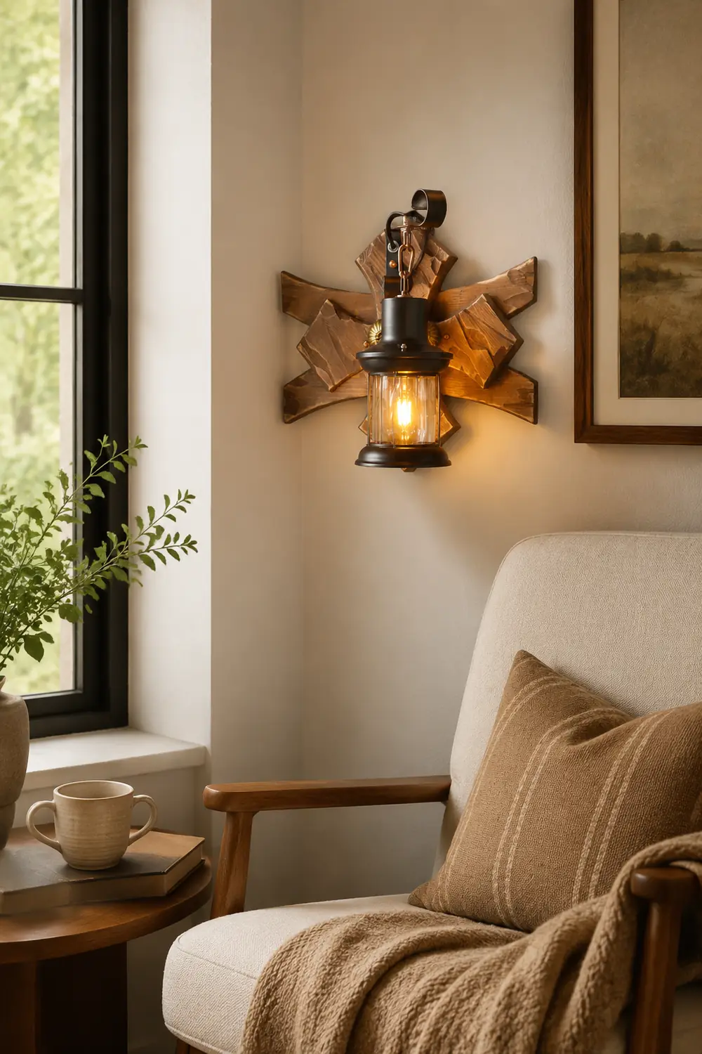 Austin Vintage Candle & Lantern LED Wall Lamp, Wood/Metal, Gold, Bedroom - Lumpaz