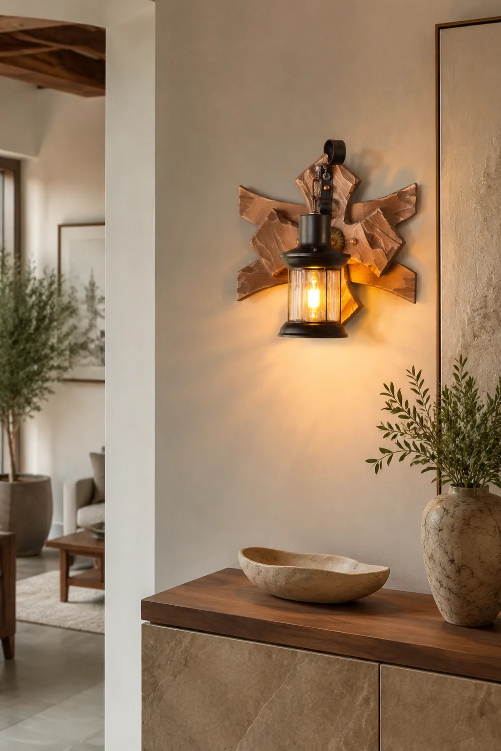 Austin Vintage Candle & Lantern LED Wall Lamp, Wood/Metal, Gold, Bedroom - Lumpaz