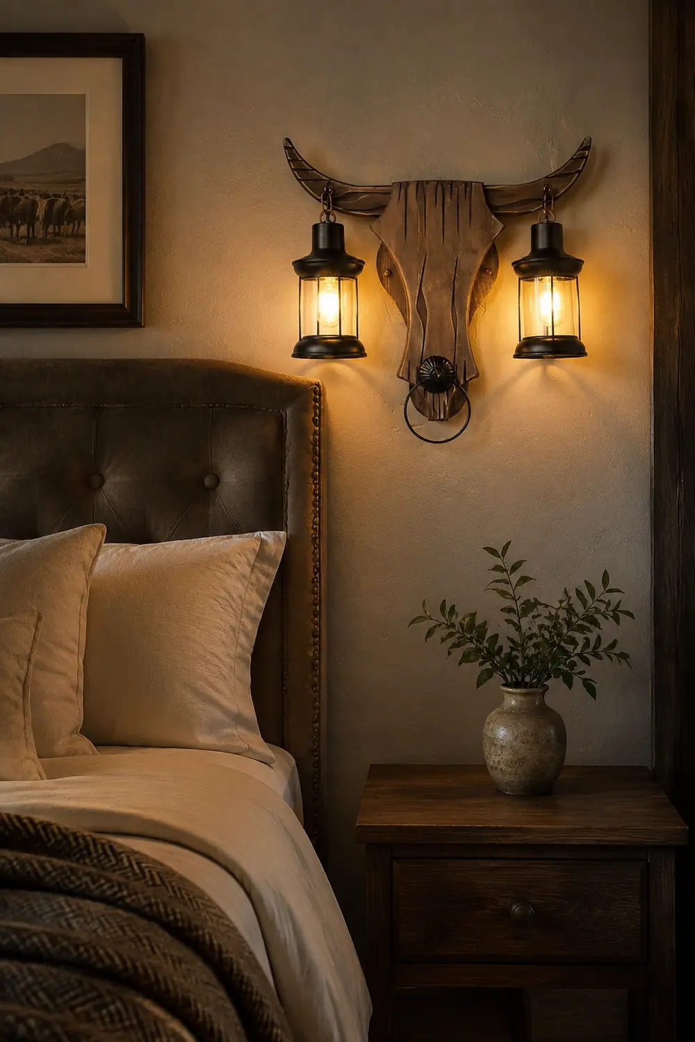 Austin Wall Lamp Bull Shape Vintage, 2 Heads Wood/Metal, Bedroom - Lumpaz