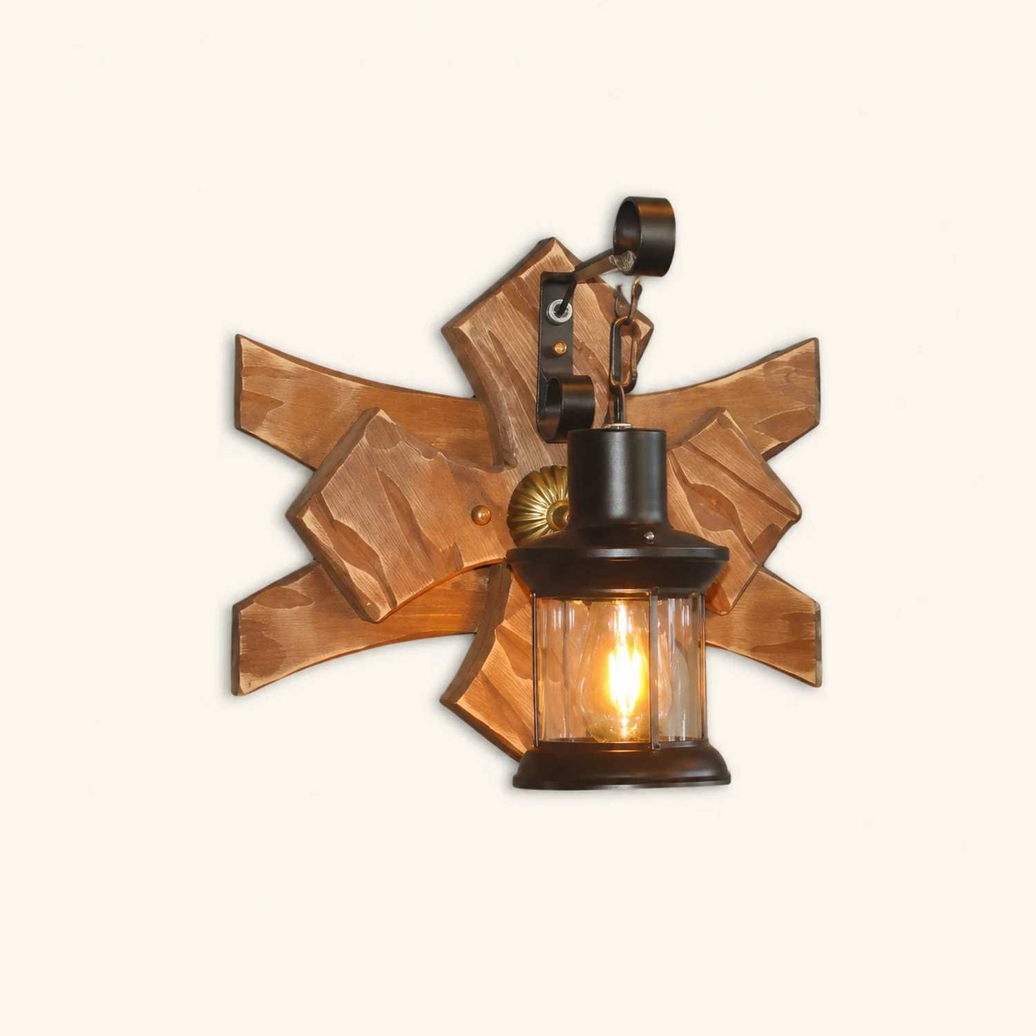 Austin Vintage Candle & Lantern LED Wall Lamp, Wood/Metal, Gold, Bedroom - Lumpaz