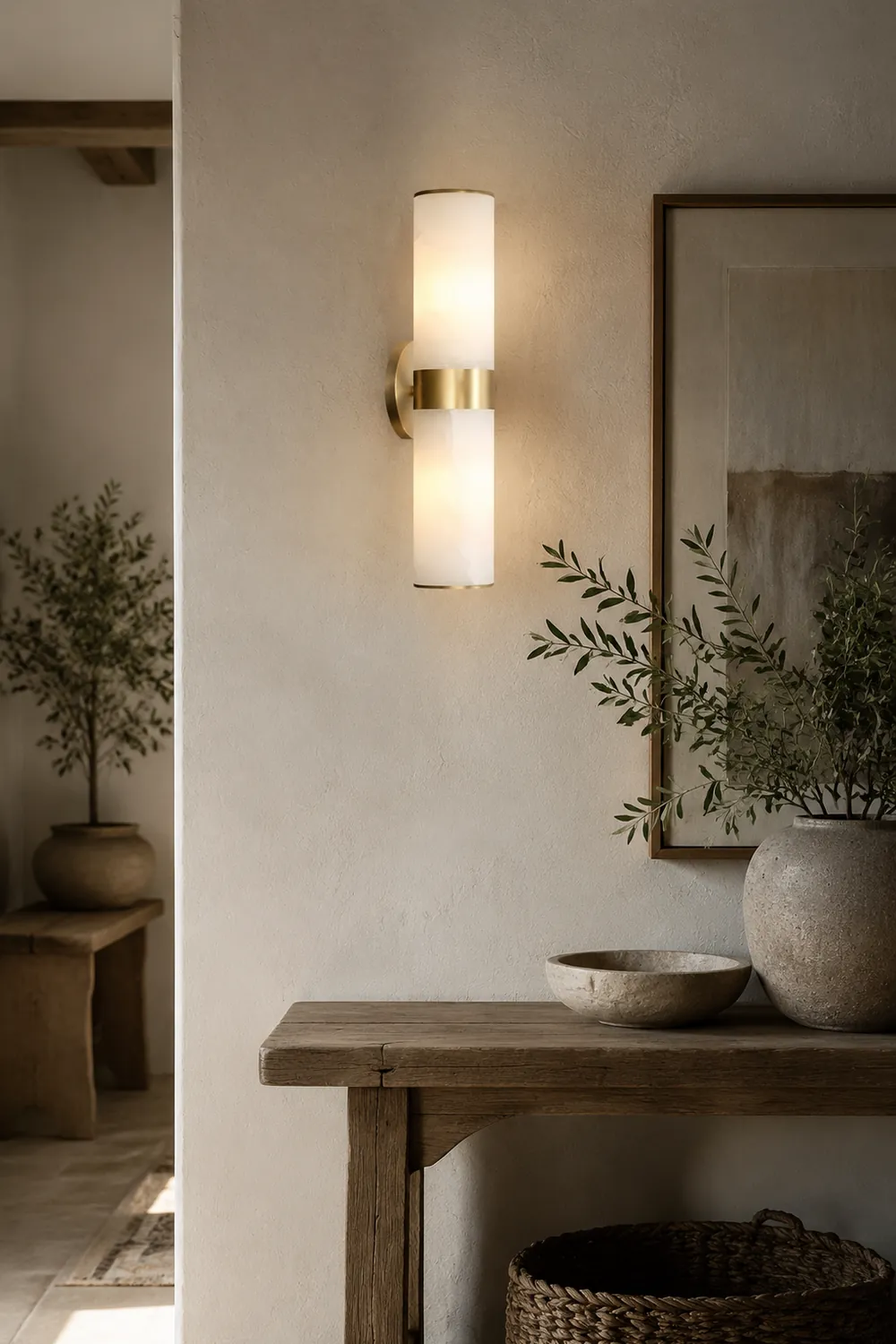 Chan Modern Double Headed Metal Stone Vanity Wall Lamp, Brass - Lumpaz