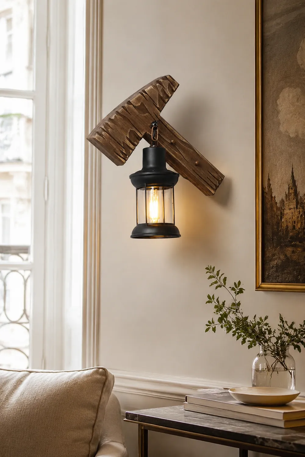 Austin Wall Lamp Hammer Shape Vintage, Wood/Metal, Bedroom - Lumpaz
