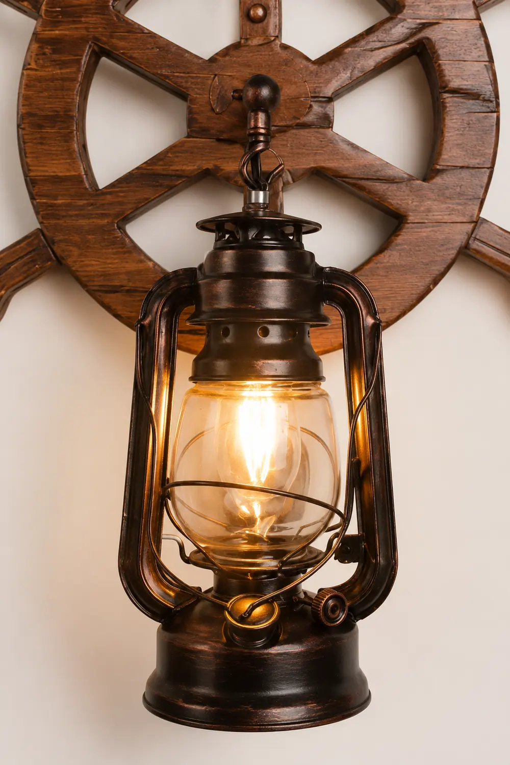 Austin Wall Lamp Retro Rudder Lantern Brown Wooden, Bedroom - Lumpaz
