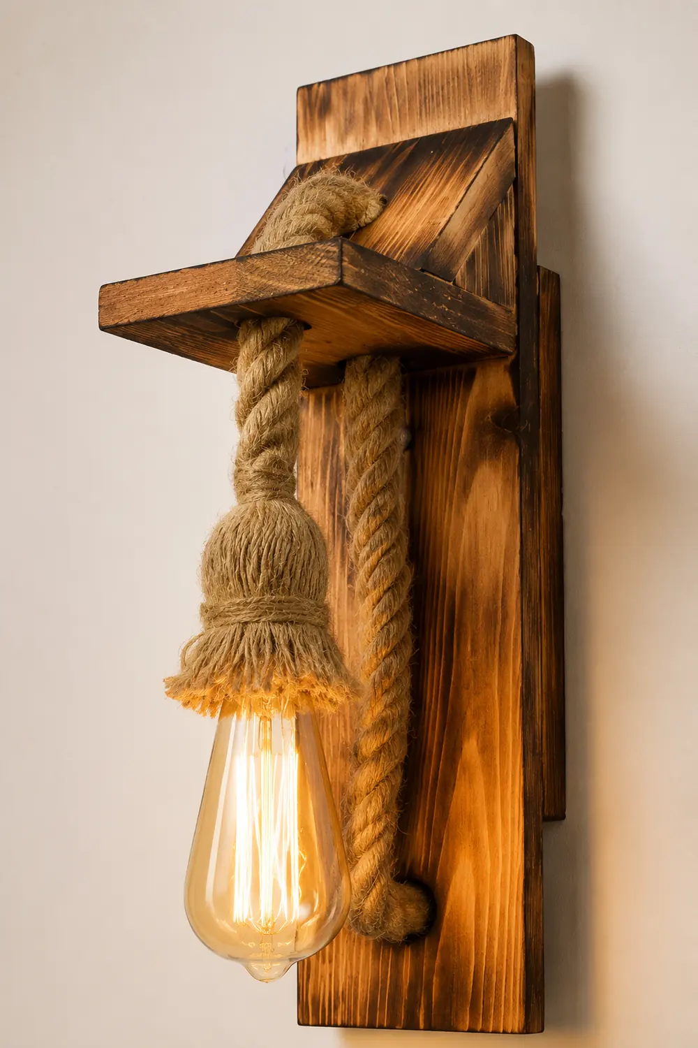 Austin Vintage Rectangular LED Wall Light, Wood/Hemp Rope, Dining Room - Lumpaz