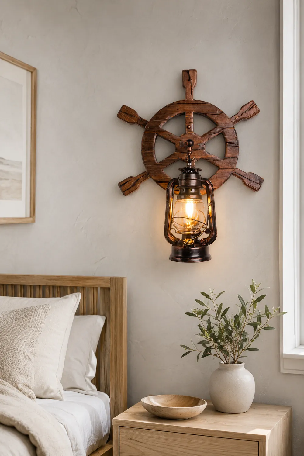 Austin Wall Lamp Retro Rudder Lantern Brown Wooden, Bedroom - Lumpaz