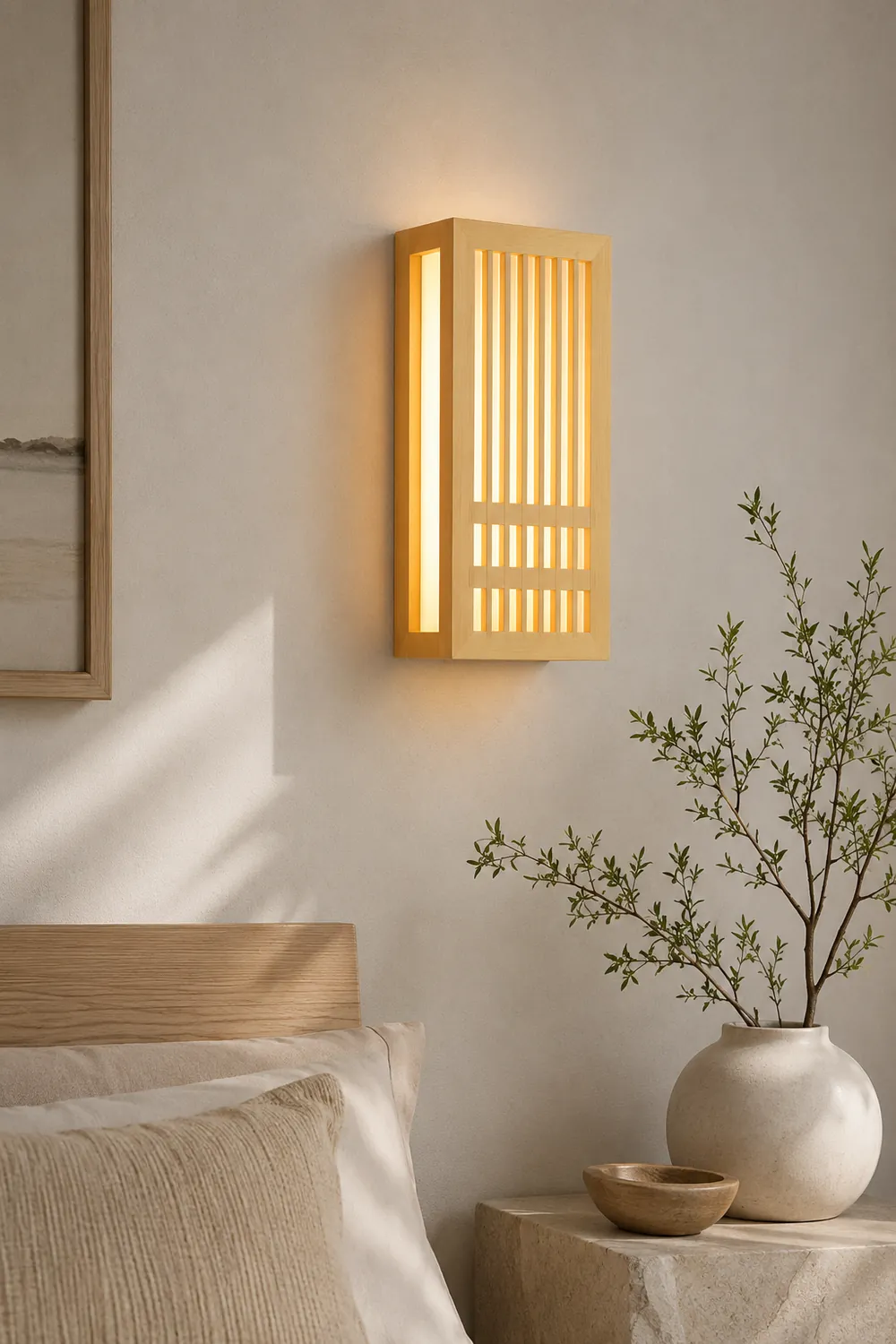 Ozawa Wall Lamp Rectangular Rustic, Wood/Acrylic, Log Color, Bedroom - Lumpaz