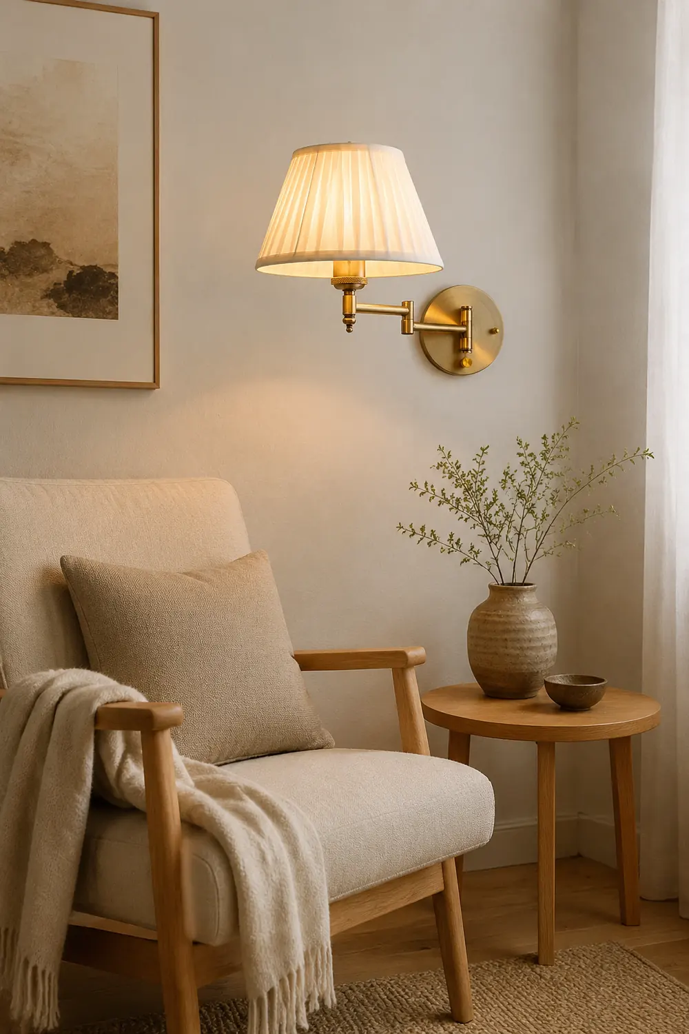 Carins Wall Lamp Vintage, Pleated Fabric Adjustable, White/Beige, Bedroom - Lumpaz