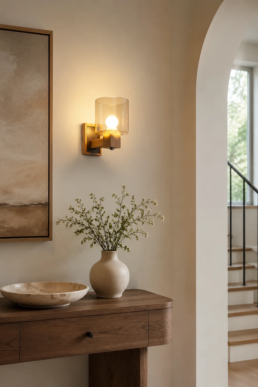 Eryn Vintage Cylindrical Mini Wall Lamp, Wood/Glass - Lumpaz