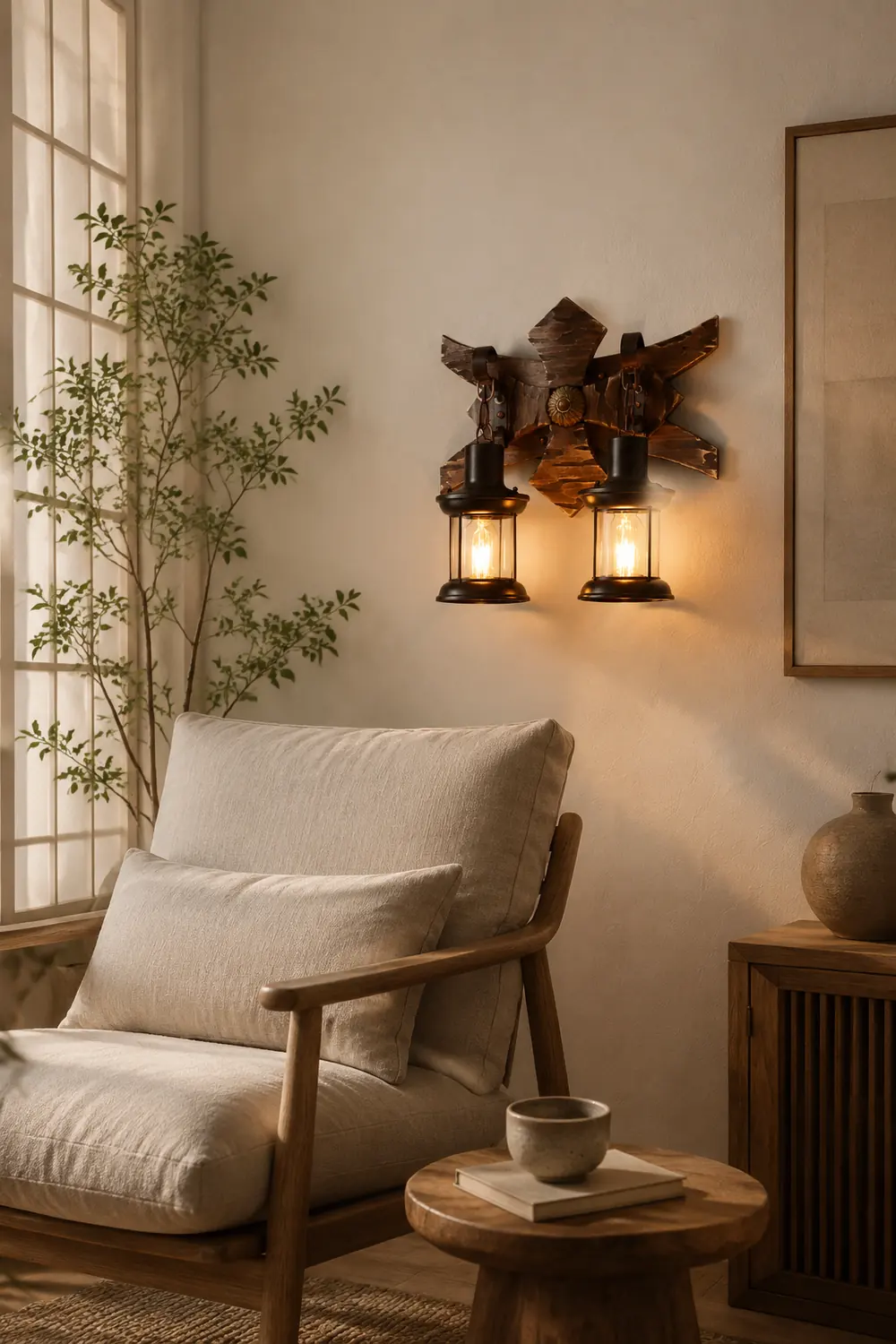 Austin Wall Lamp Decorative Vintage Lantern Double Light Wooden, Bedroom - Lumpaz