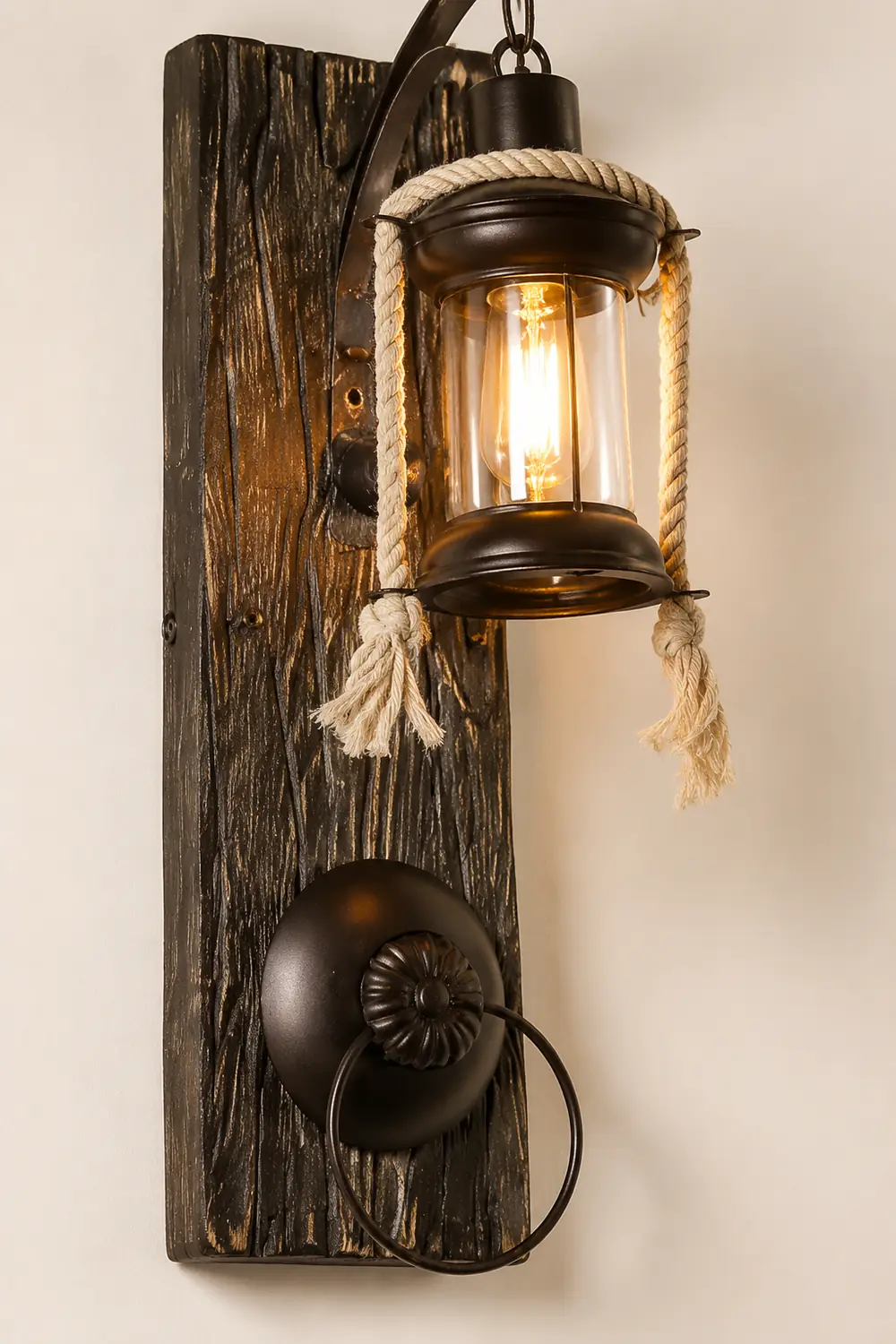 Alessio Wall Lamp Retro Lantern Ring Black Wooden, Bedroom - Lumpaz