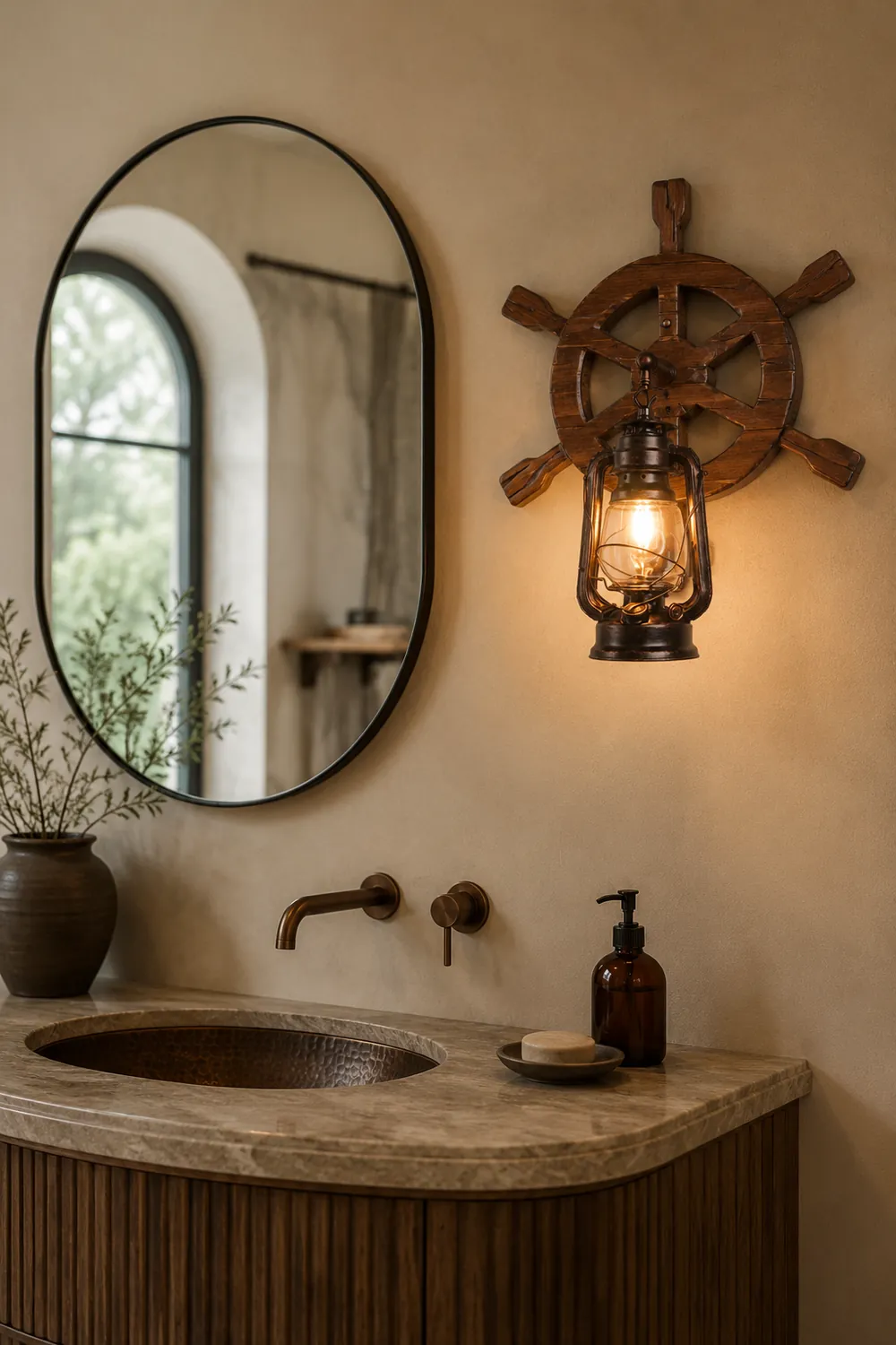 Austin Wall Lamp Retro Rudder Lantern Brown Wooden, Bedroom - Lumpaz