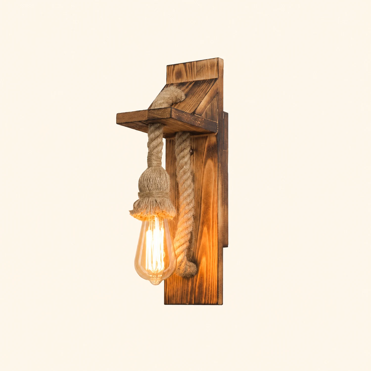 Austin Vintage Rectangular LED Wall Light, Wood/Hemp Rope, Dining Room - Lumpaz