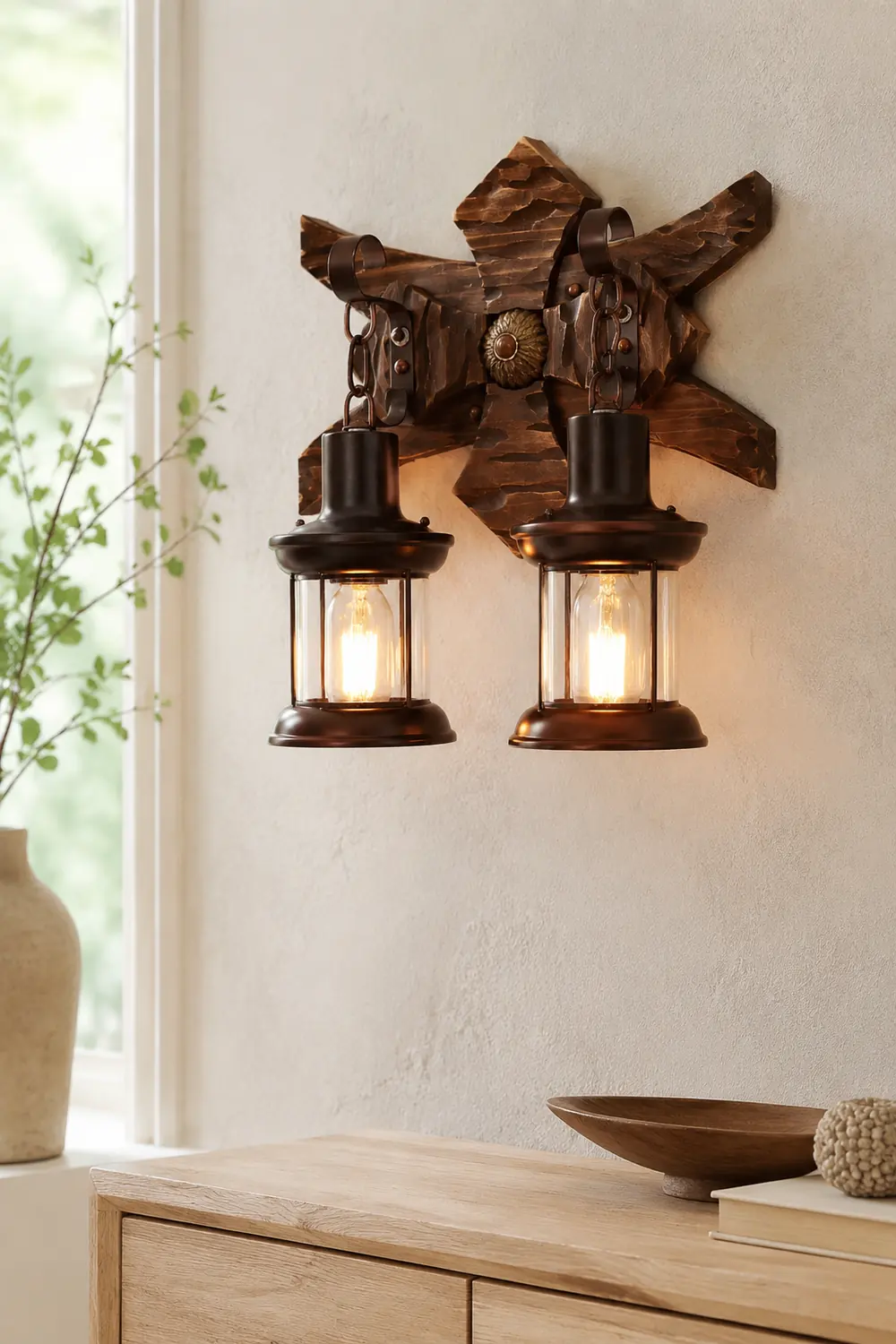 Austin Wall Lamp Decorative Vintage Lantern Double Light Wooden, Bedroom - Lumpaz