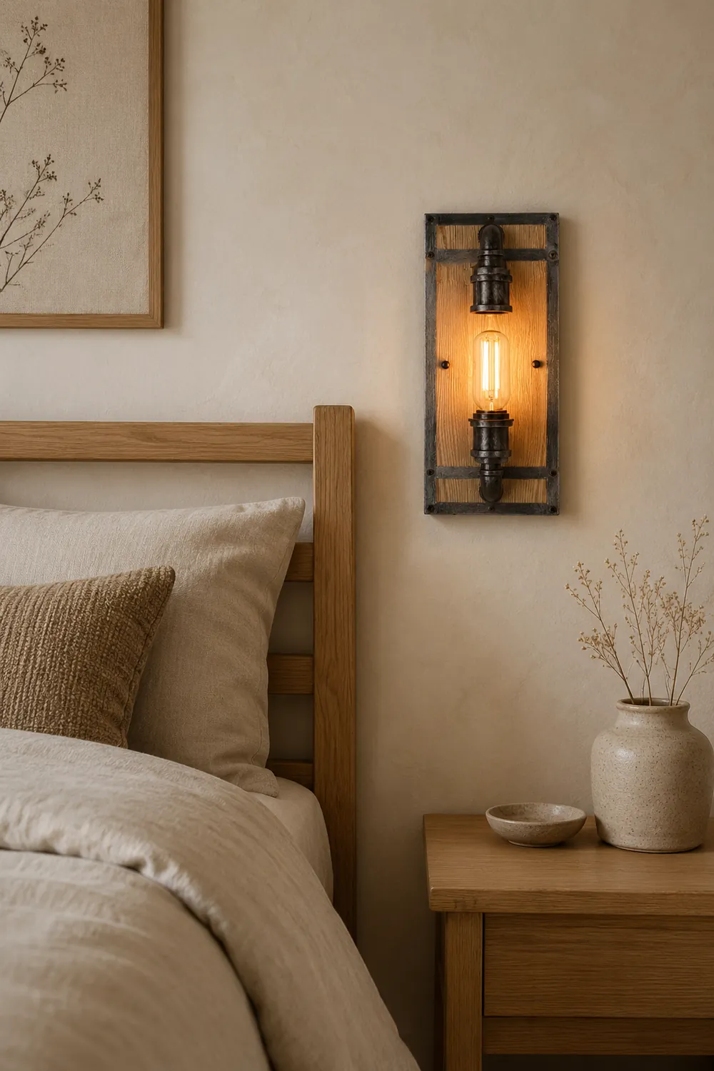 Alessio Wall Lamp Industrial Vintage Square Wooden Black Metal - Lumpaz