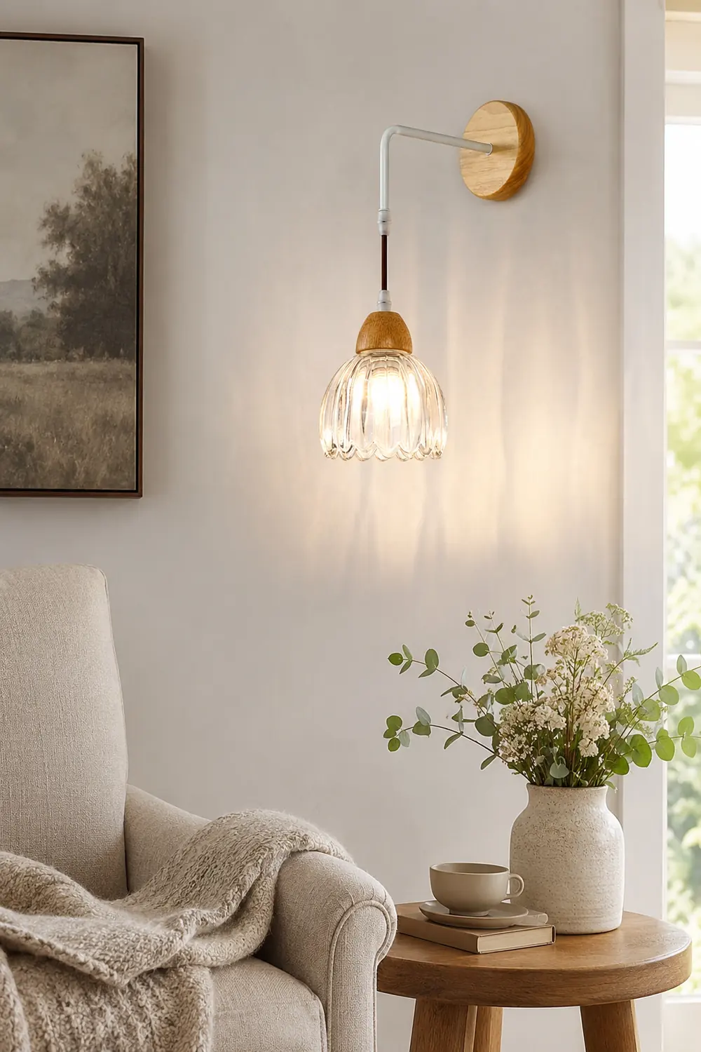 Lily Pleated Clear Wooden Bedroom Vanity Wall Lamp - Lumpaz