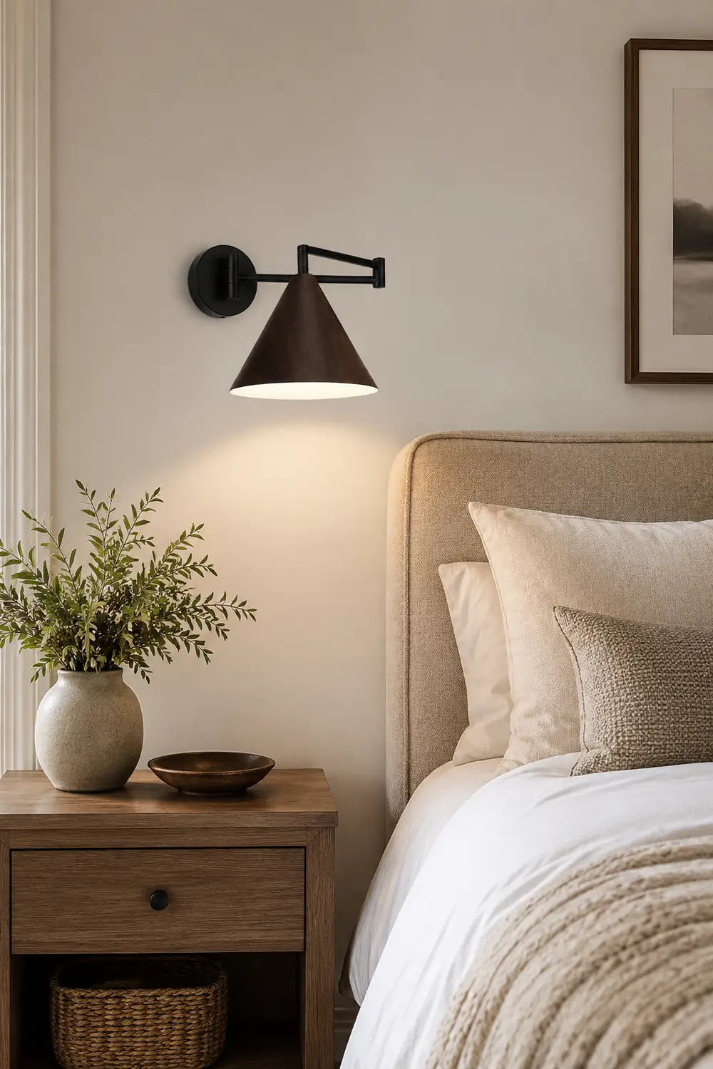Ozawa Cone Shaped Adjustable Wall Lamp, Metal/Wood, Bedroom - Lumpaz