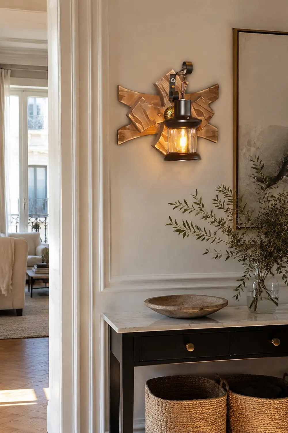Austin Vintage Candle & Lantern LED Wall Lamp, Wood/Metal, Gold, Bedroom - Lumpaz