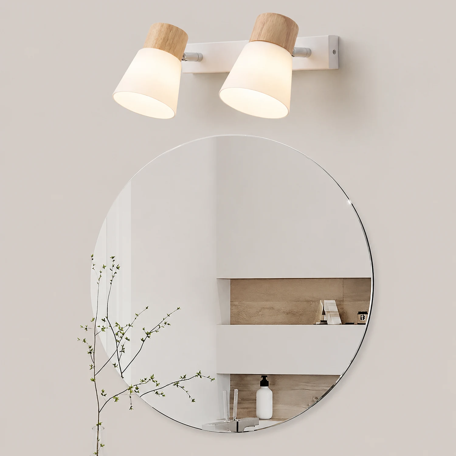 Ozawa Wall Lamp Nordic Vanity Mirror Front, Wood/Glass, White, Basement - Lumpaz