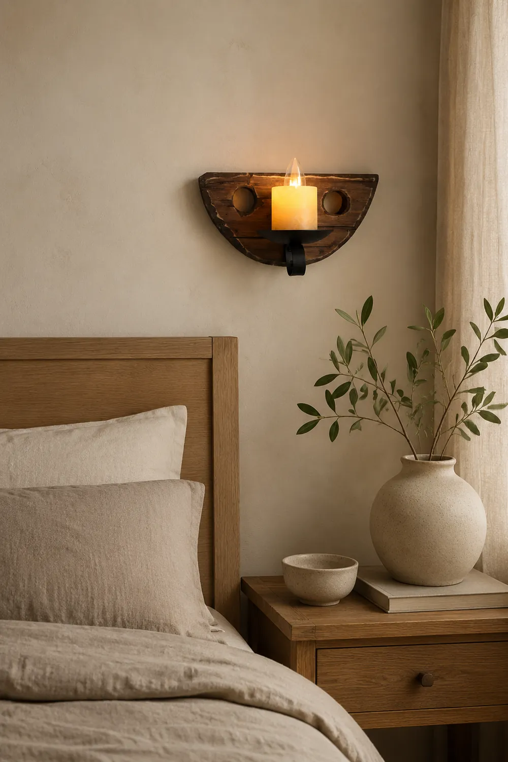 Austin Vintage Candle Semicircle Wall Lamp, Wood/Metal, Bedroom - Lumpaz