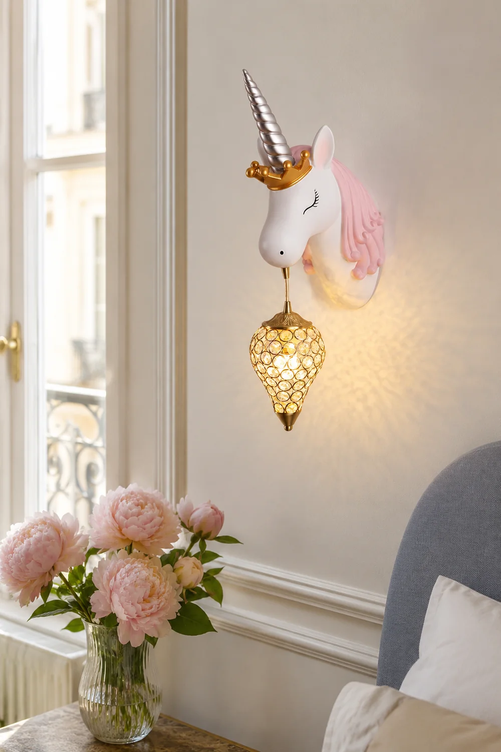 Minori Modern Unicorn/Strawberry Art Wall Lamp, Pink/Blue - Lumpaz