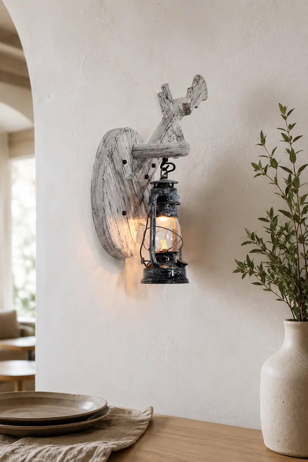 Austin Wall Lamp Lute Vintage Lantern Wooden Gray, Dining Room - Lumpaz