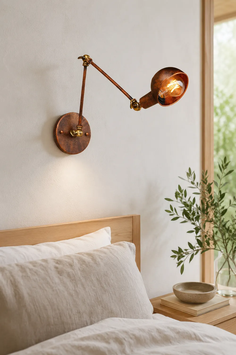 Brady Vintage Hemispheric Rust Adjustable Wall Lamp, Brass, Bedroom - Lumpaz