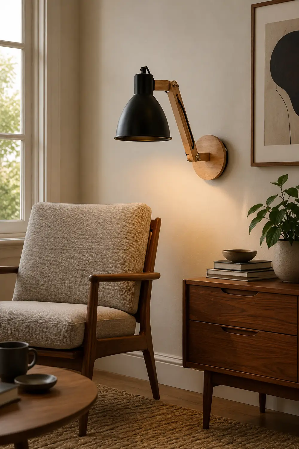 Brady Wall Lamp Dome Modern, Adjustable Metal Wood, Black/White, Bedroom - Lumpaz