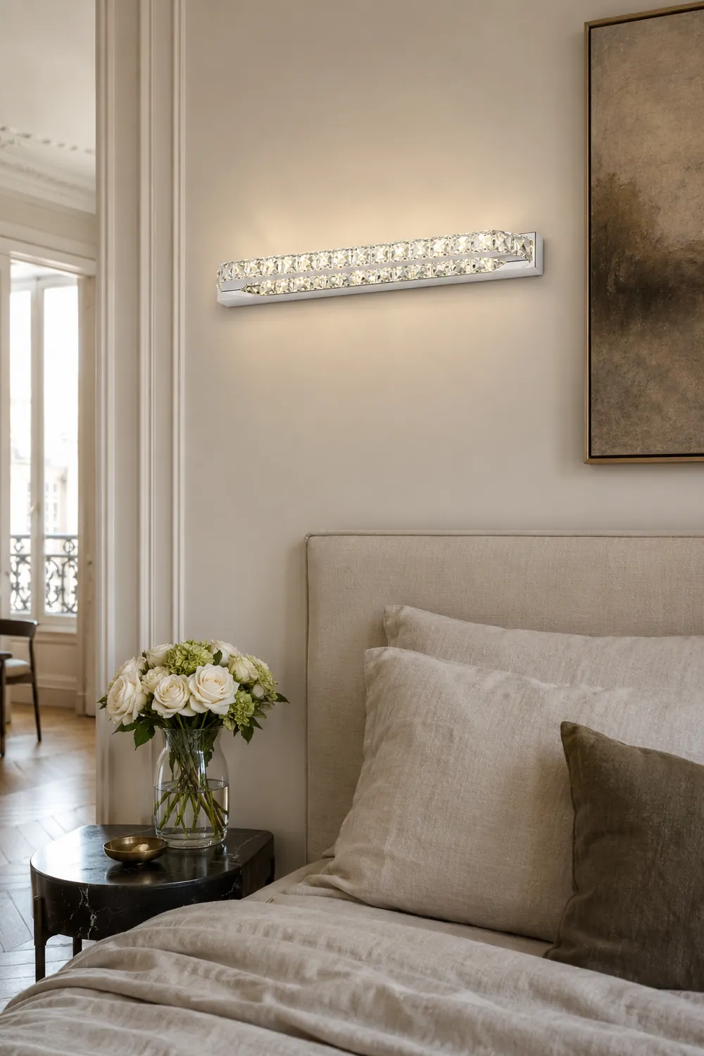 Kristy Luxury Linear Crystal Mirror Front Vanity Wall Lamp, Silver - Lumpaz