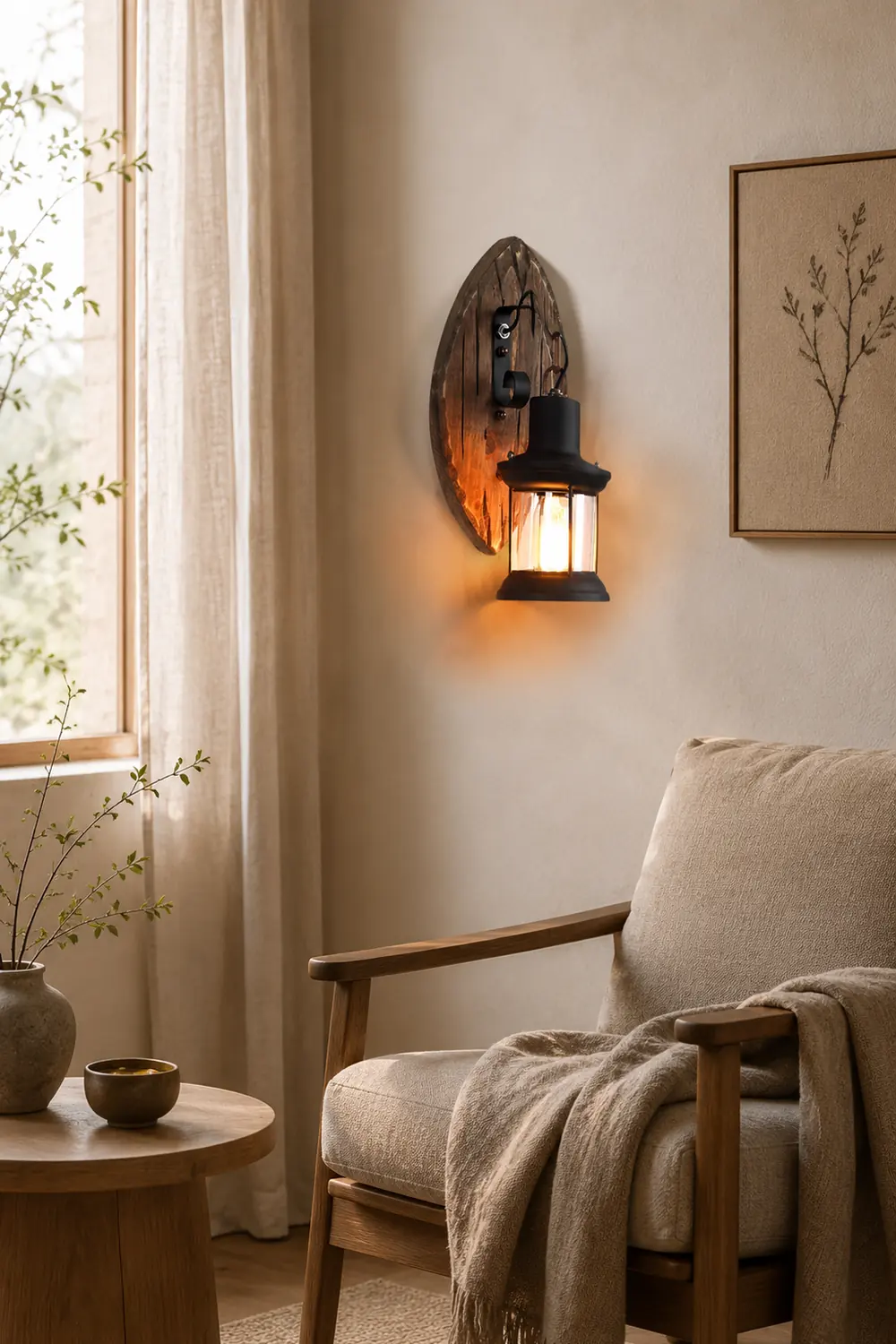Austin Wall Lamp Leaf Shape Vintage, Wood/Metal, Bedroom - Lumpaz