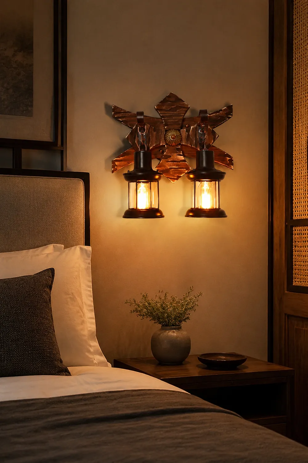 Austin Wall Lamp Decorative Vintage Lantern Double Light Wooden, Bedroom - Lumpaz