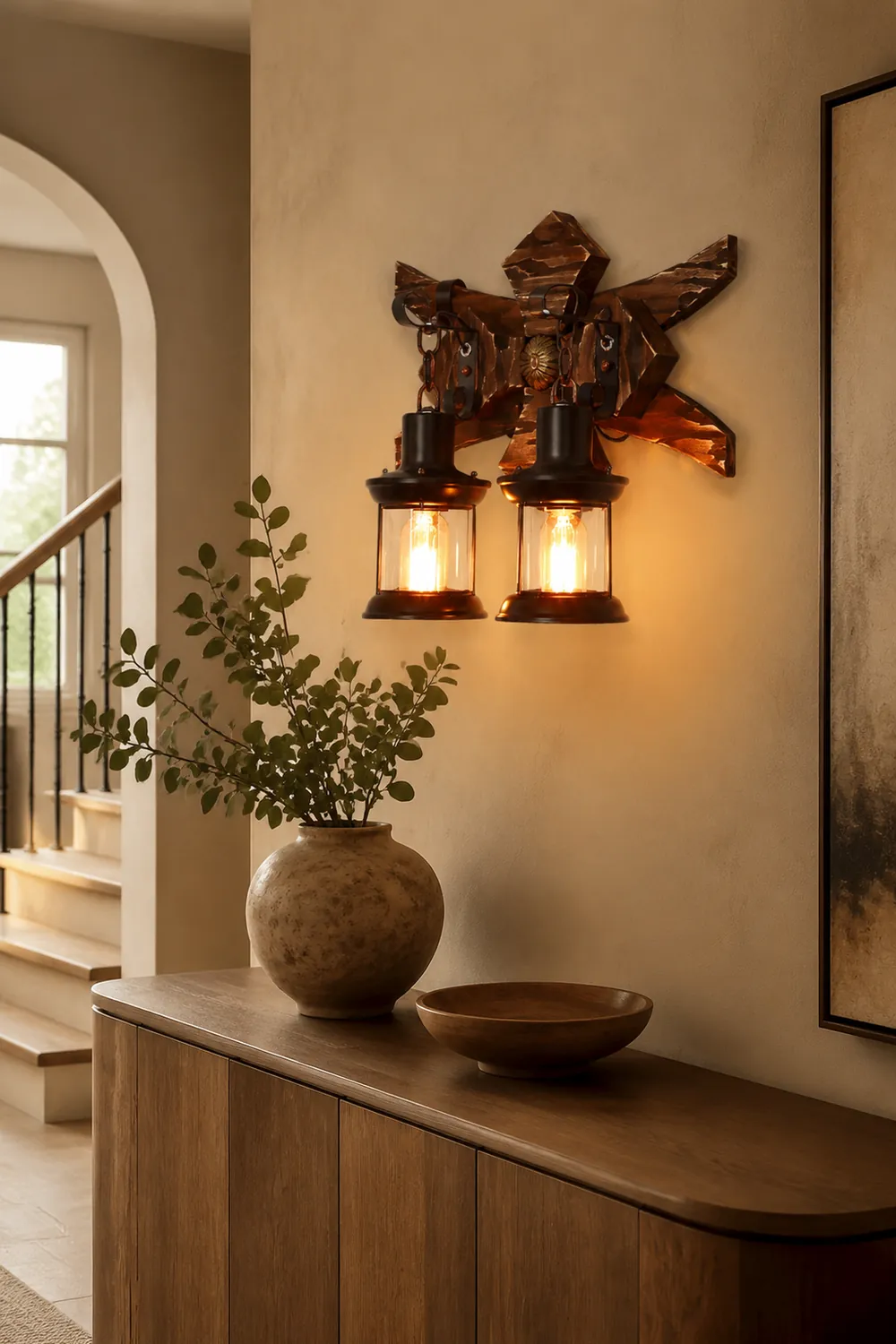 Austin Wall Lamp Decorative Vintage Lantern Double Light Wooden, Bedroom - Lumpaz