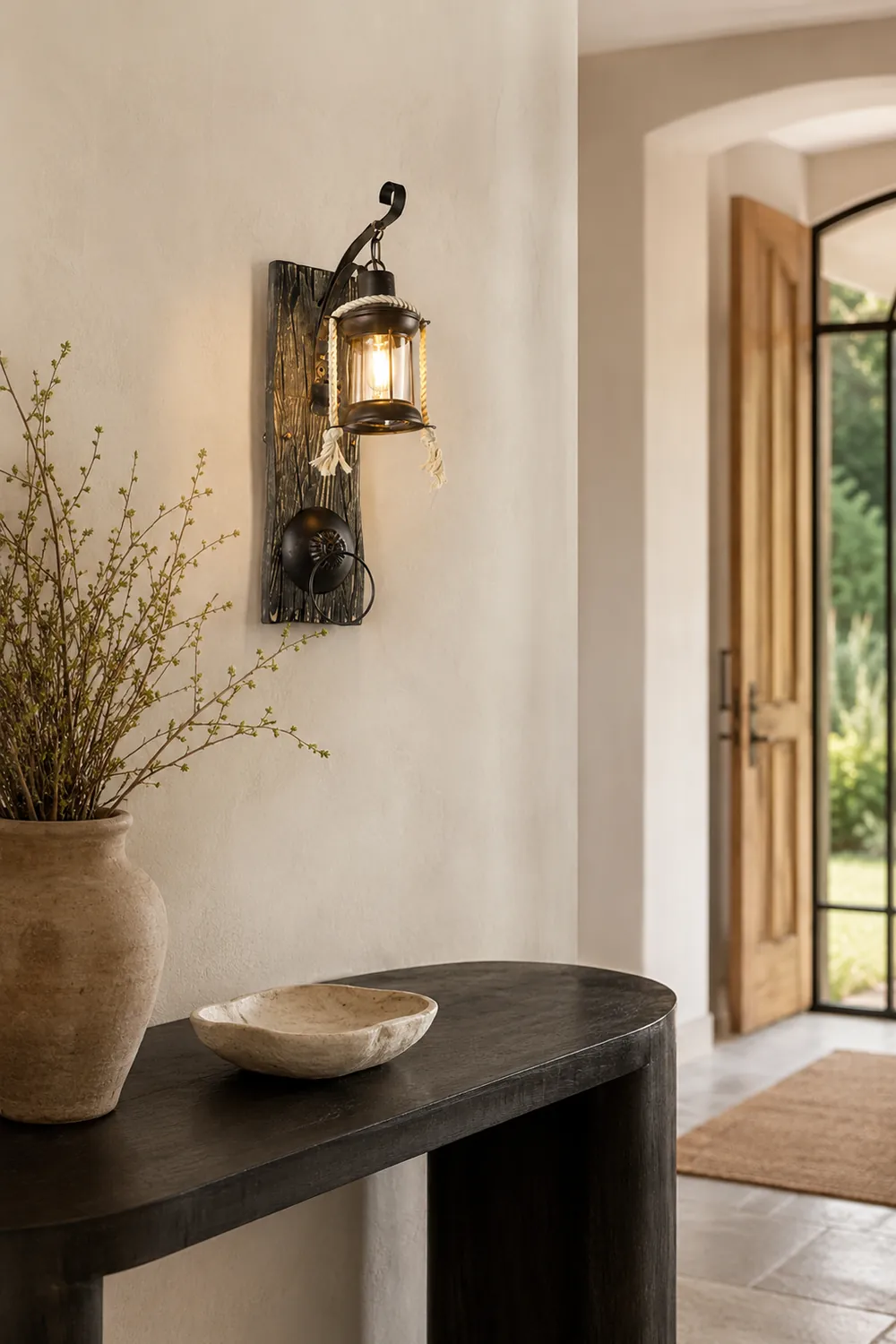 Alessio Wall Lamp Retro Lantern Ring Black Wooden, Bedroom - Lumpaz