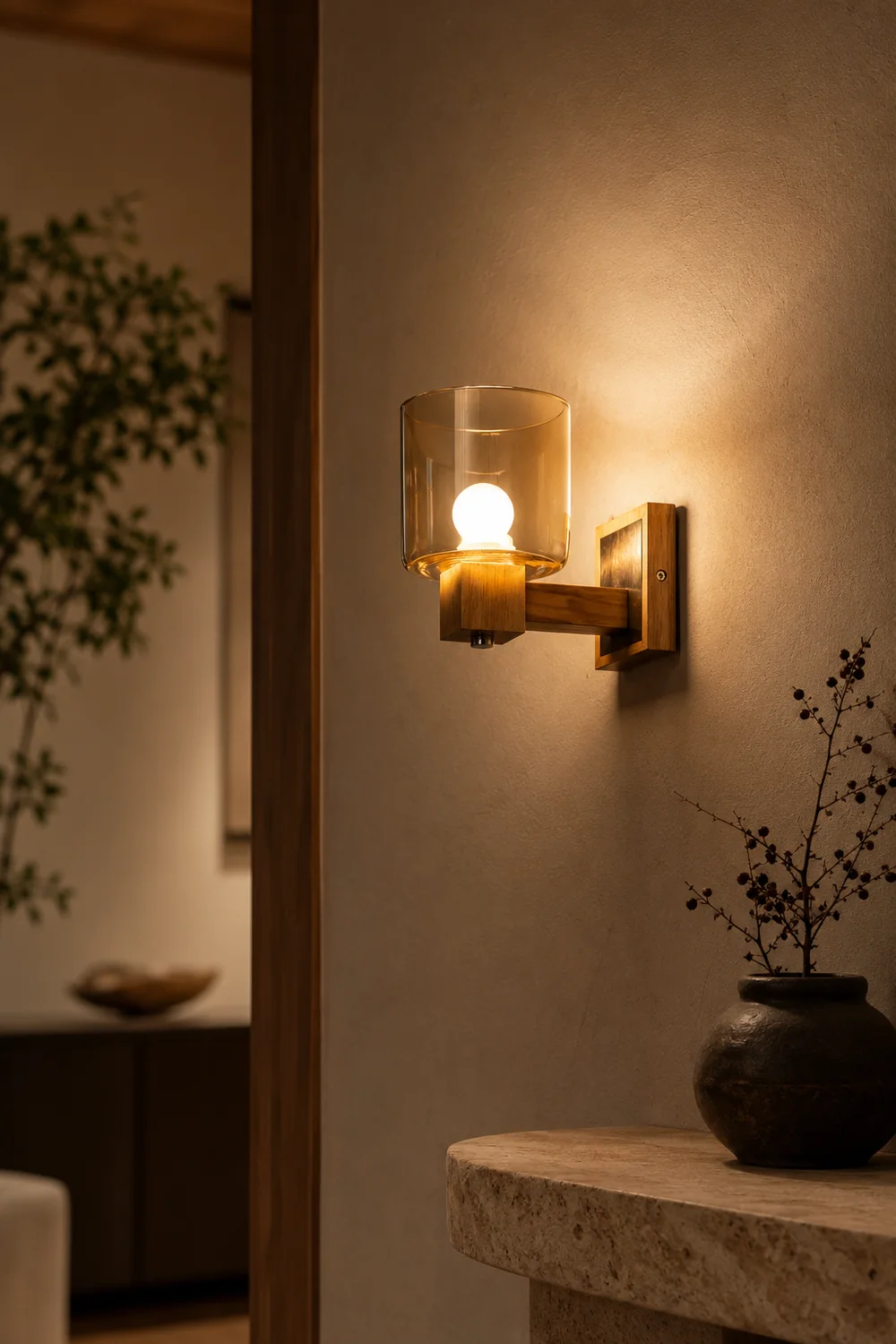 Eryn Vintage Cylindrical Mini Wall Lamp, Wood/Glass - Lumpaz