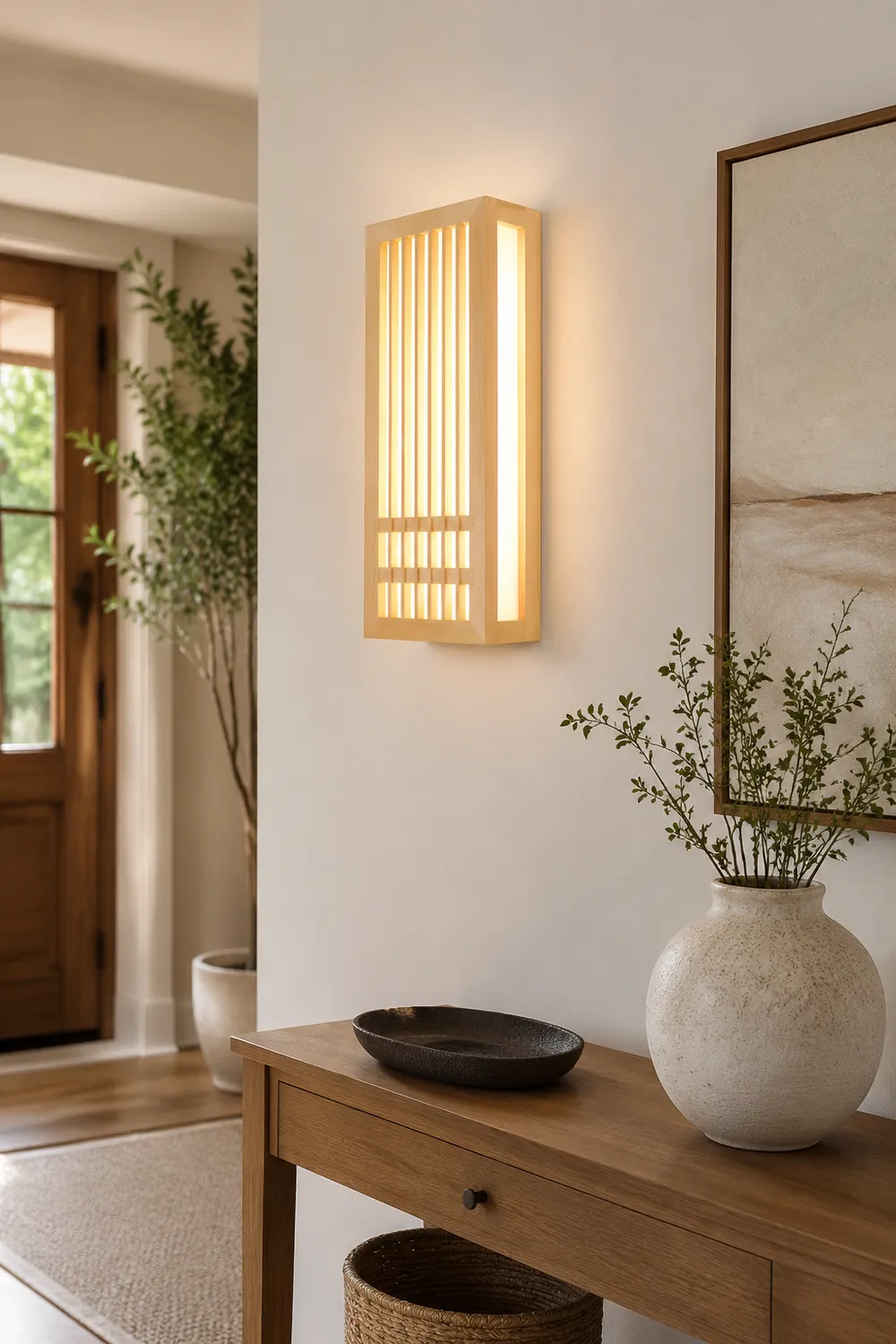 Ozawa Wall Lamp Rectangular Rustic, Wood/Acrylic, Log Color, Bedroom - Lumpaz