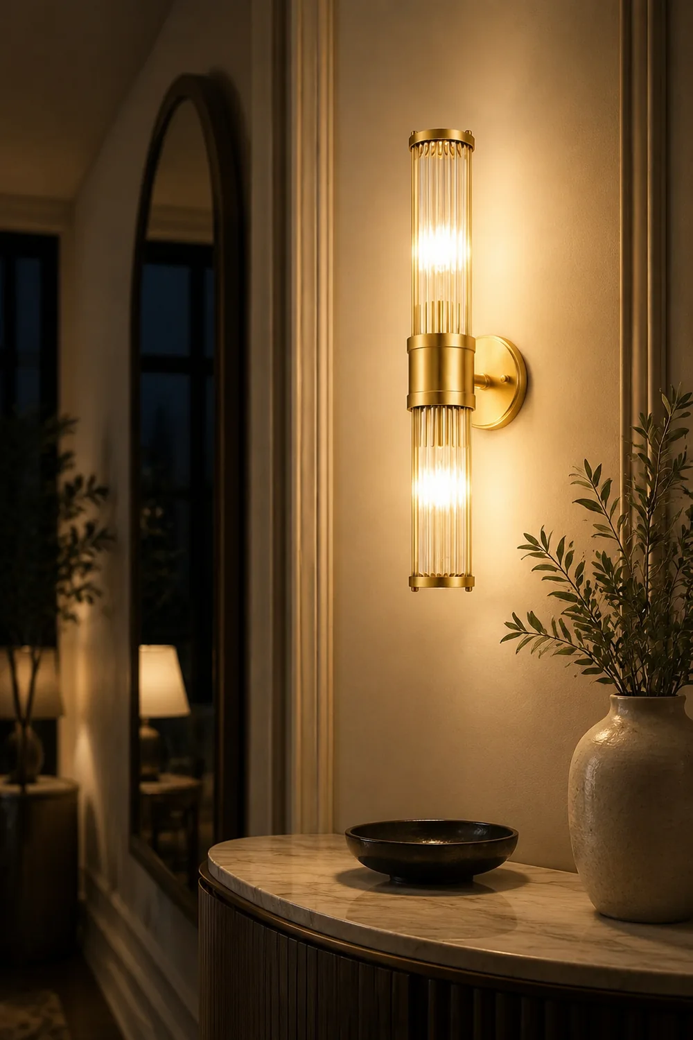 Leigh American Cylindrical Elegant Gold Glass/Metal Vanity Wall Lamp - Lumpaz