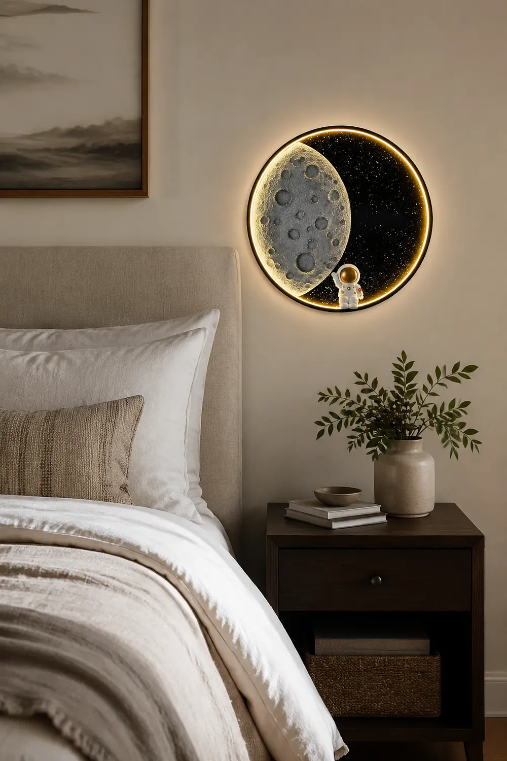 Elif Astronaut Round Moon Black Wall Lamp, Metal - Lumpaz