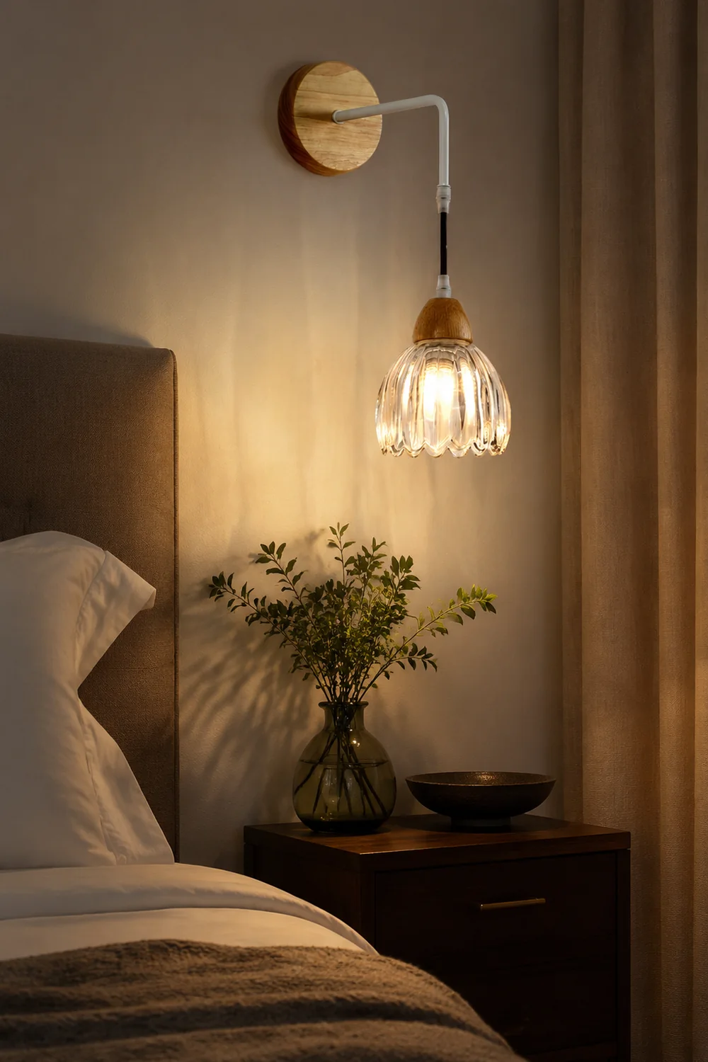 Lily Pleated Clear Wooden Bedroom Vanity Wall Lamp - Lumpaz