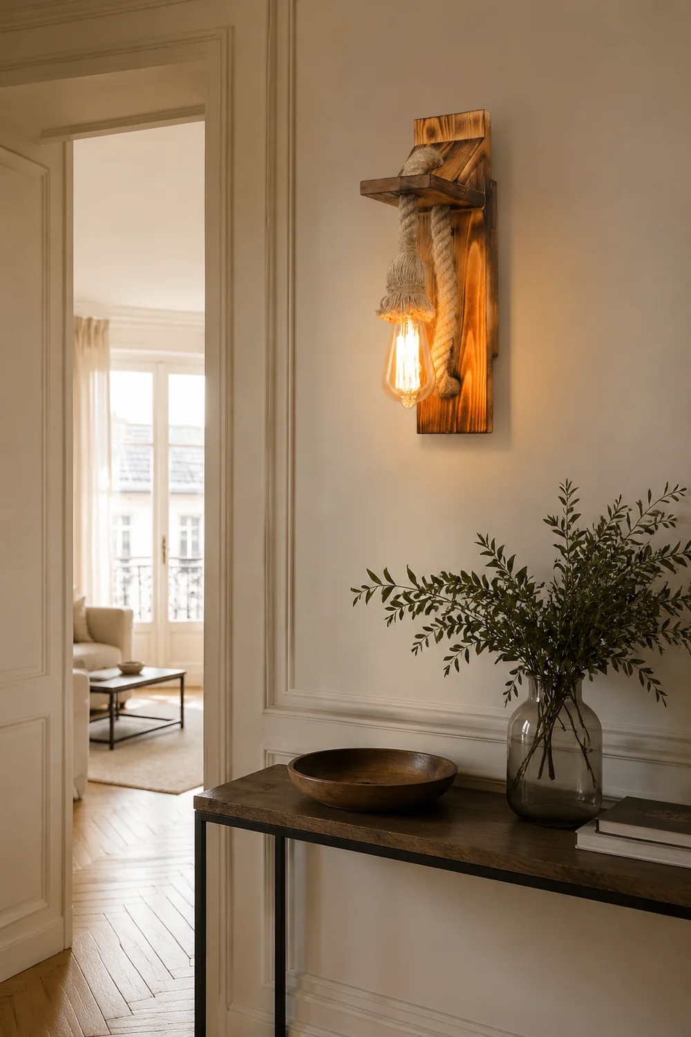 Austin Vintage Rectangular LED Wall Light, Wood/Hemp Rope, Dining Room - Lumpaz