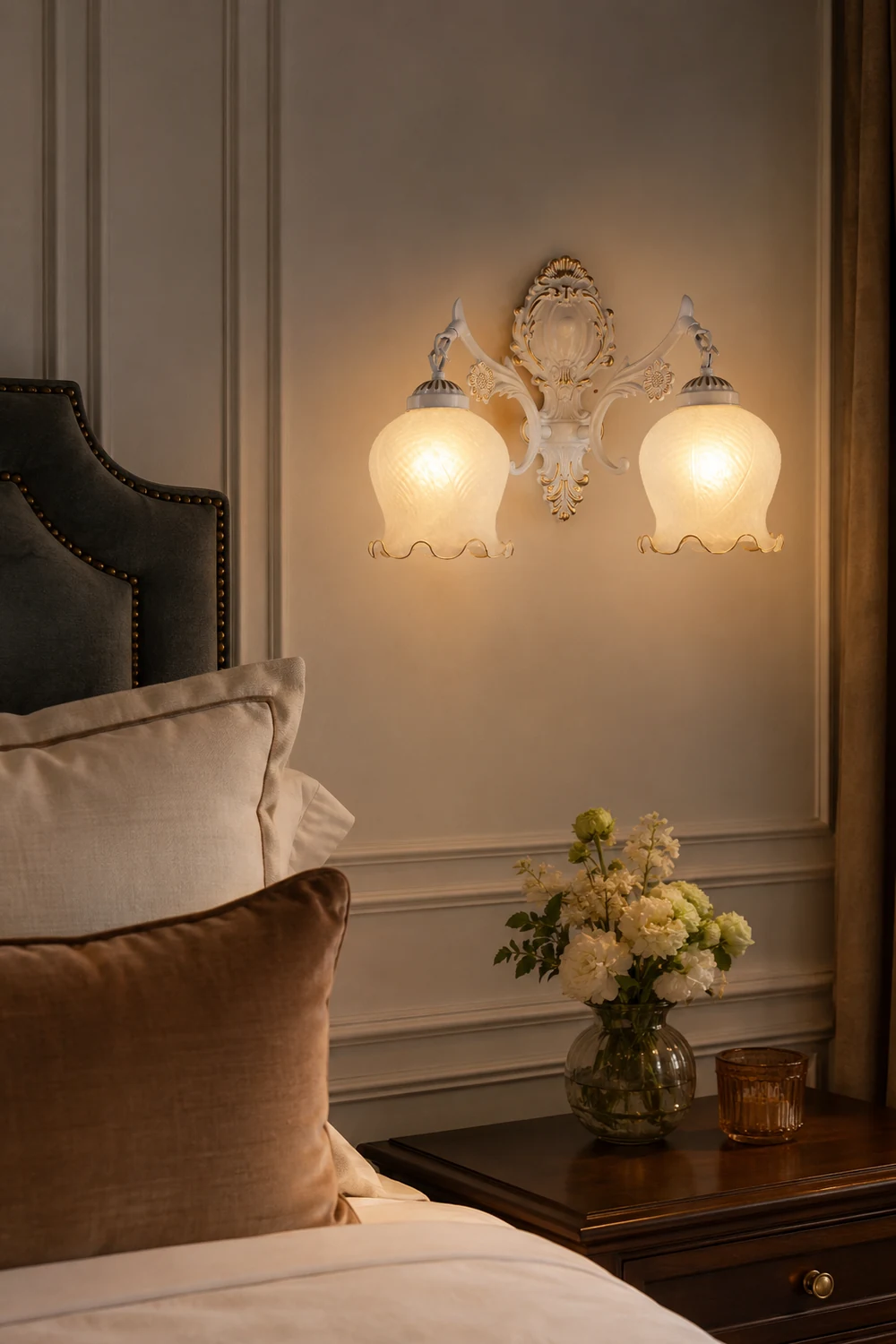 Félicie Vintage Flower shape Metal&Glass Modern Wall Lamp, White/Bronze - Lumpaz