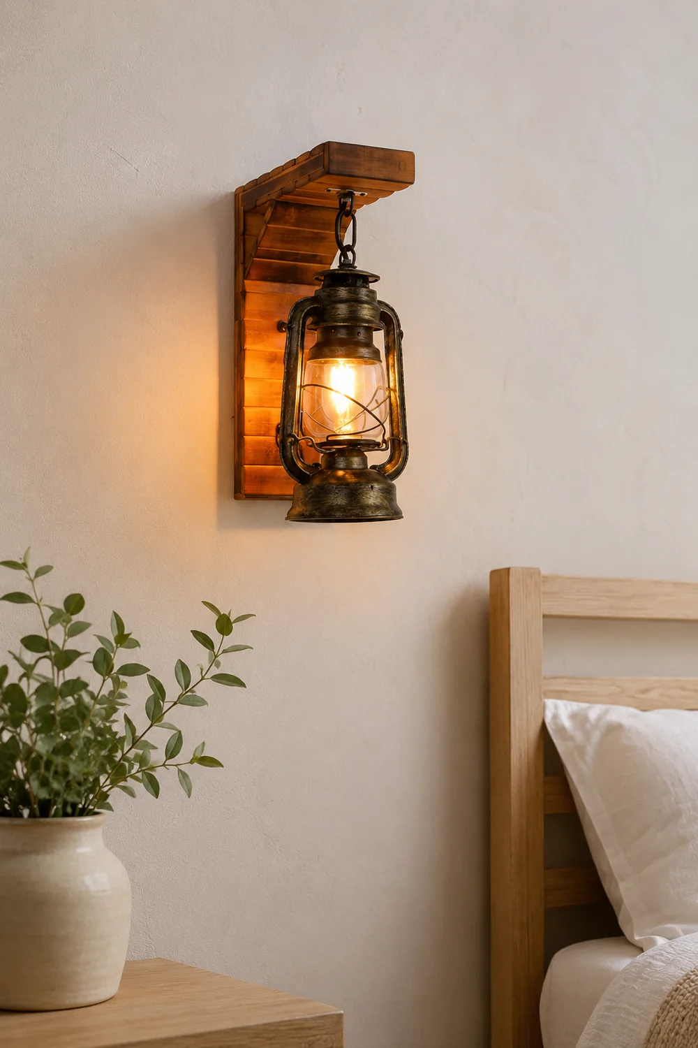 Austin Lantern Bedroom Wall Lamp, Metal/Wood, Restaurant - Lumpaz