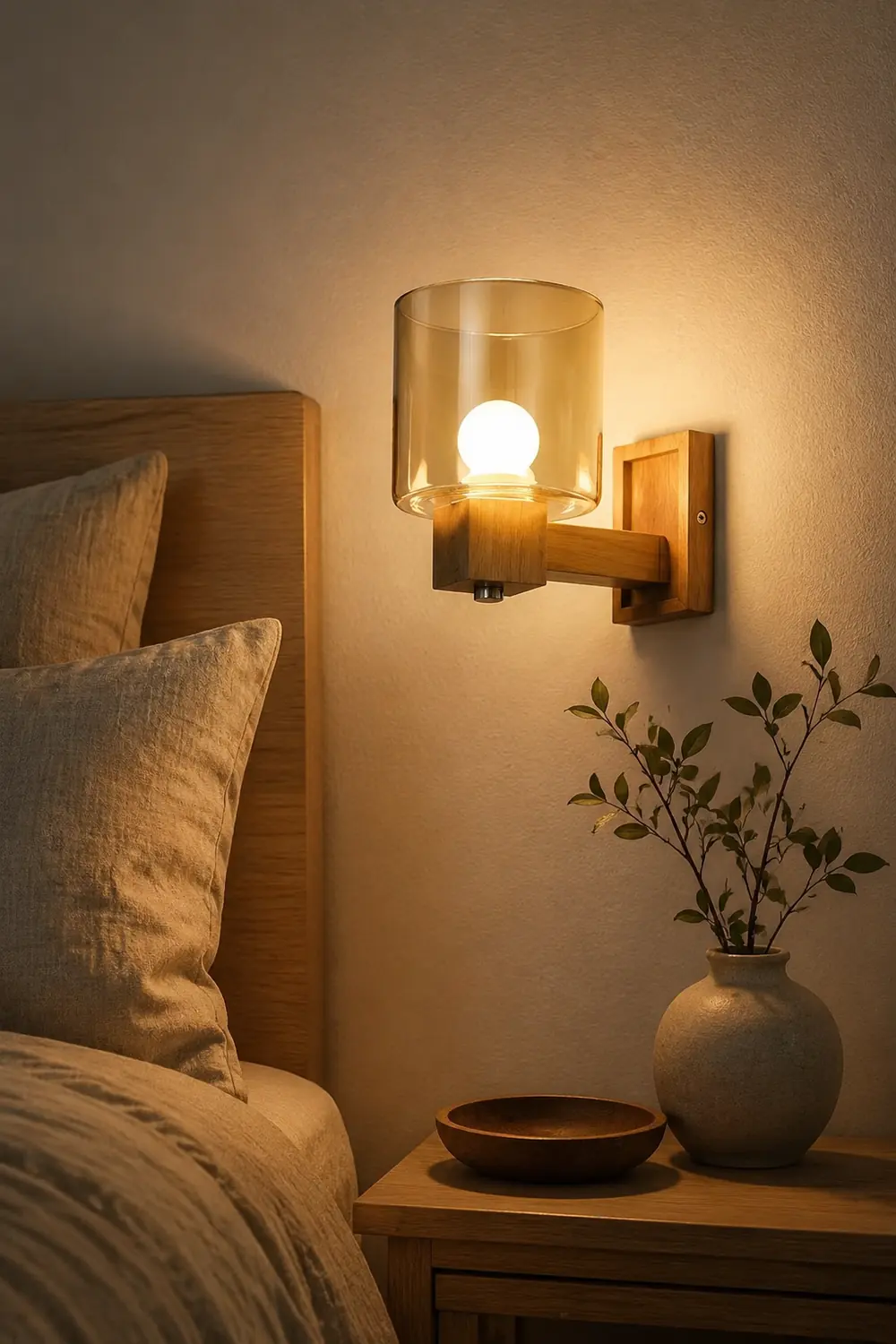 Eryn Vintage Cylindrical Mini Wall Lamp, Wood/Glass - Lumpaz