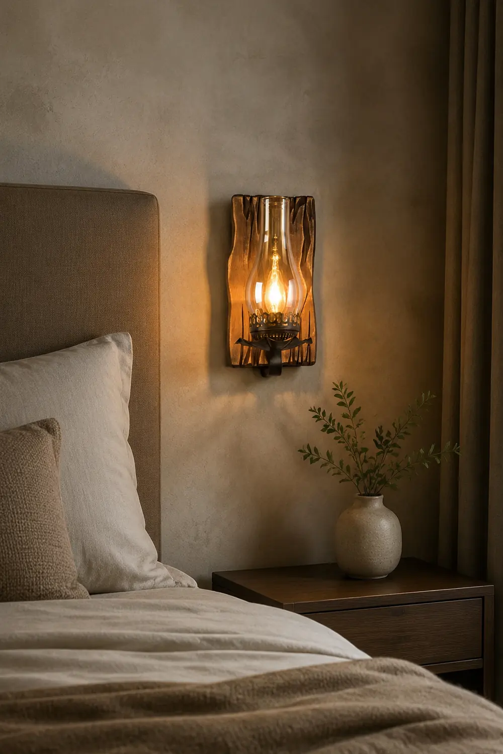 Austin Wall Lamp Vintage Candle Wooden Glass, Bedroom - Lumpaz