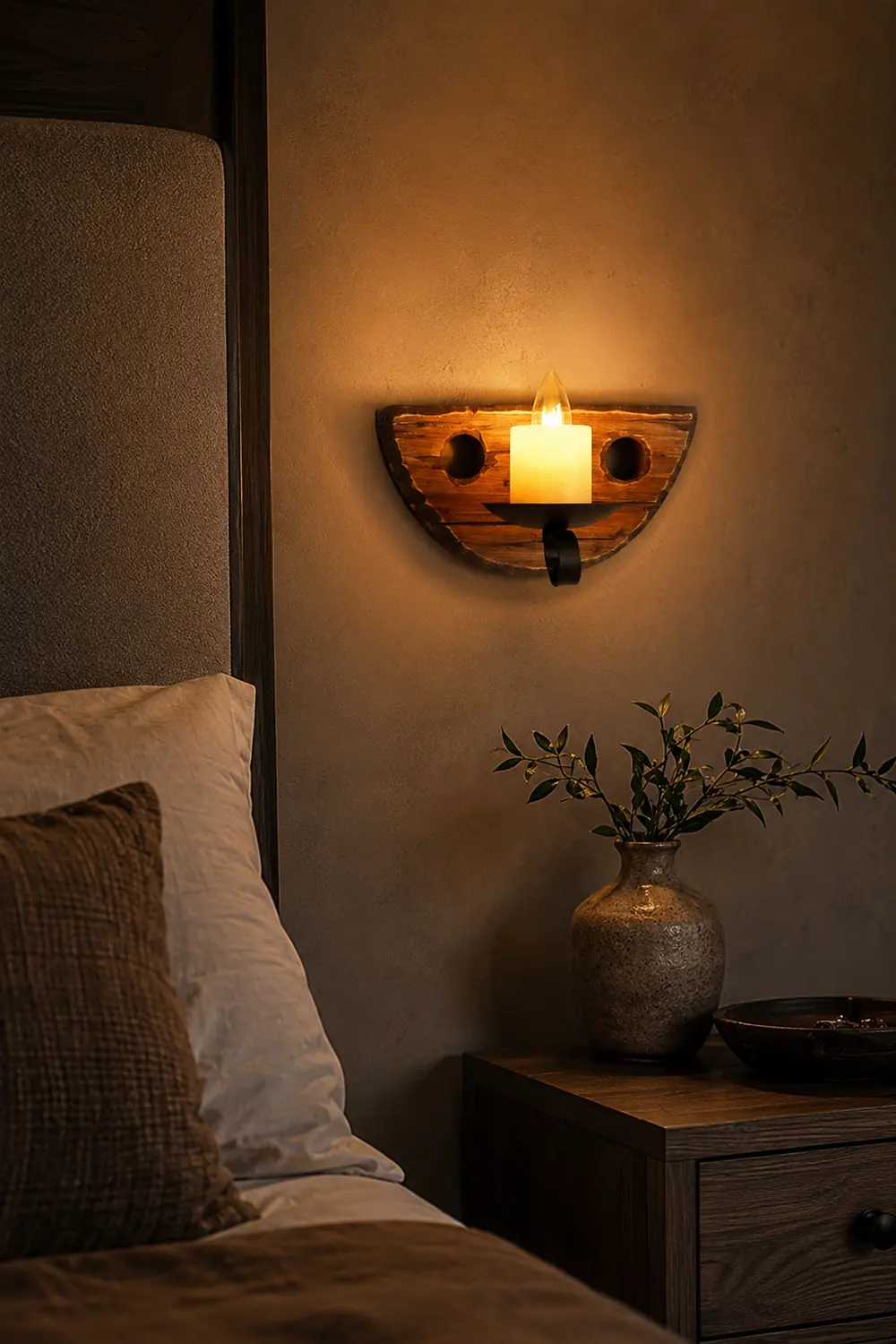 Austin Vintage Candle Semicircle Wall Lamp, Wood/Metal, Bedroom - Lumpaz