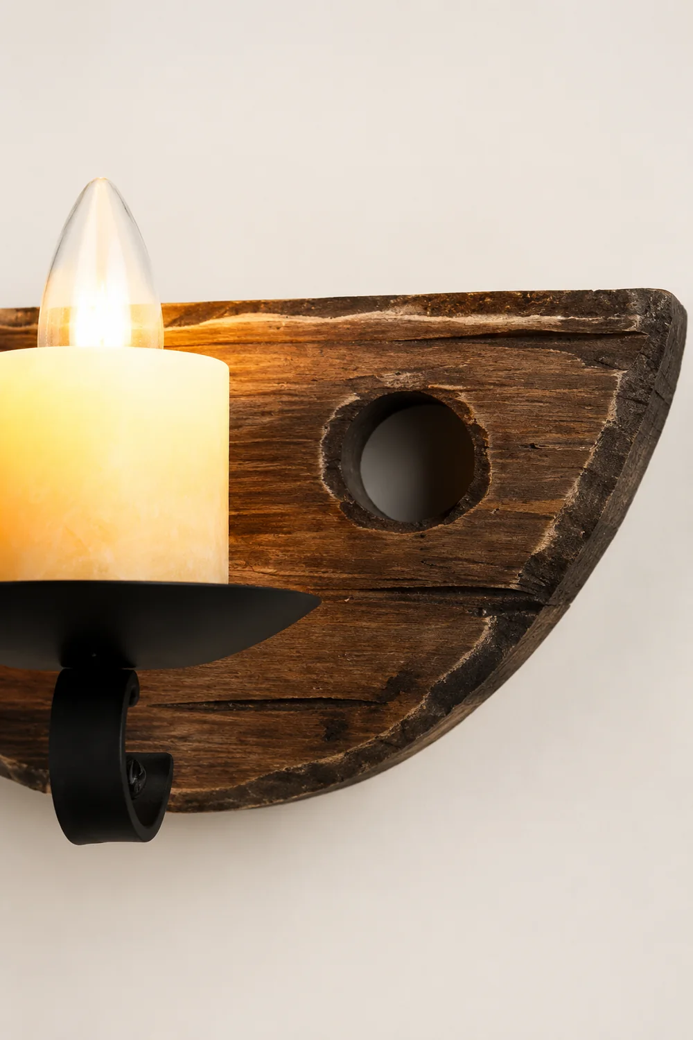 Austin Vintage Candle Semicircle Wall Lamp, Wood/Metal, Bedroom - Lumpaz