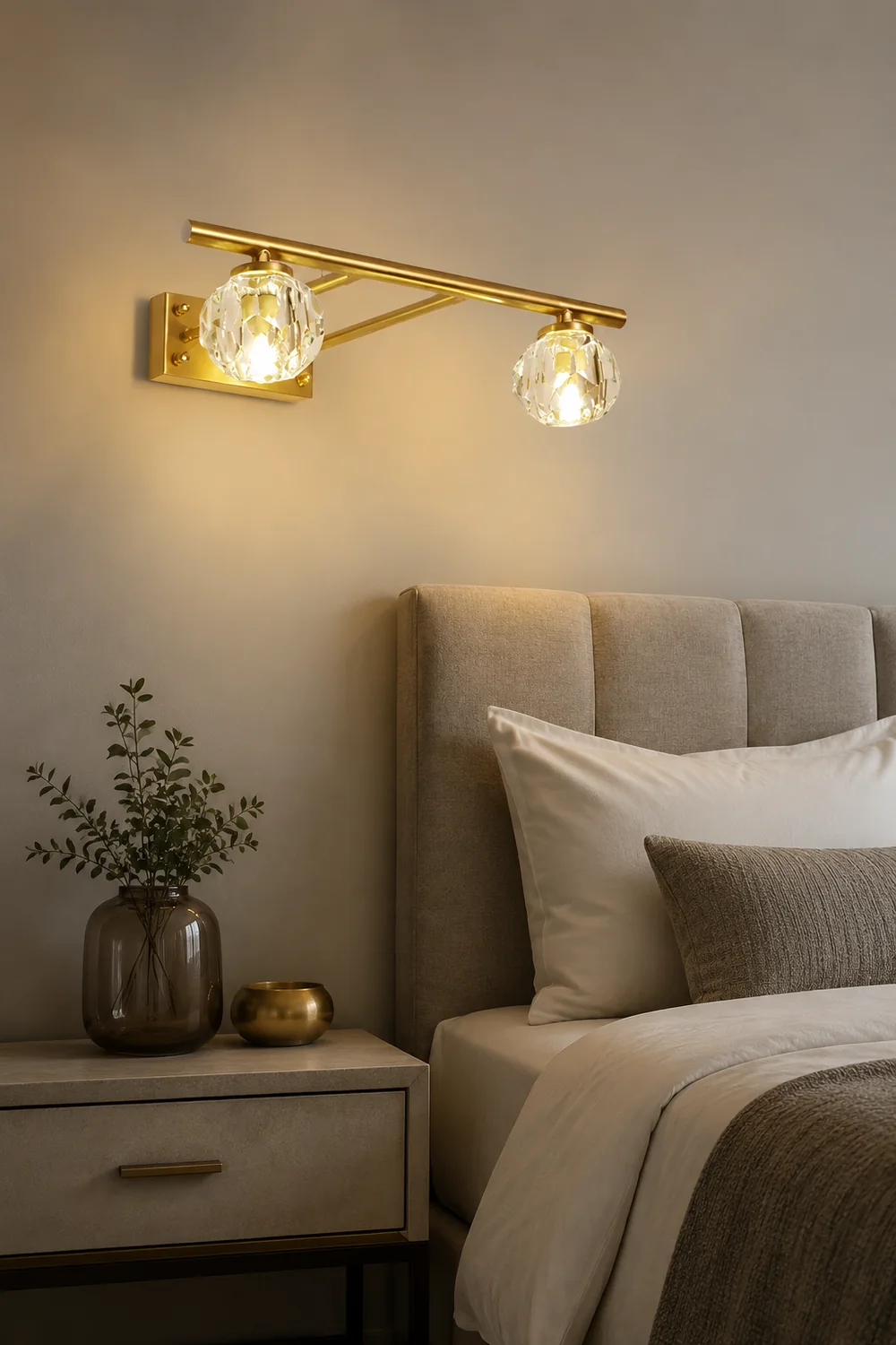 Kristy Wall Lamp Modern Mirror Front Vanity, Metal/Crystal, Gold, Bathroom - Lumpaz