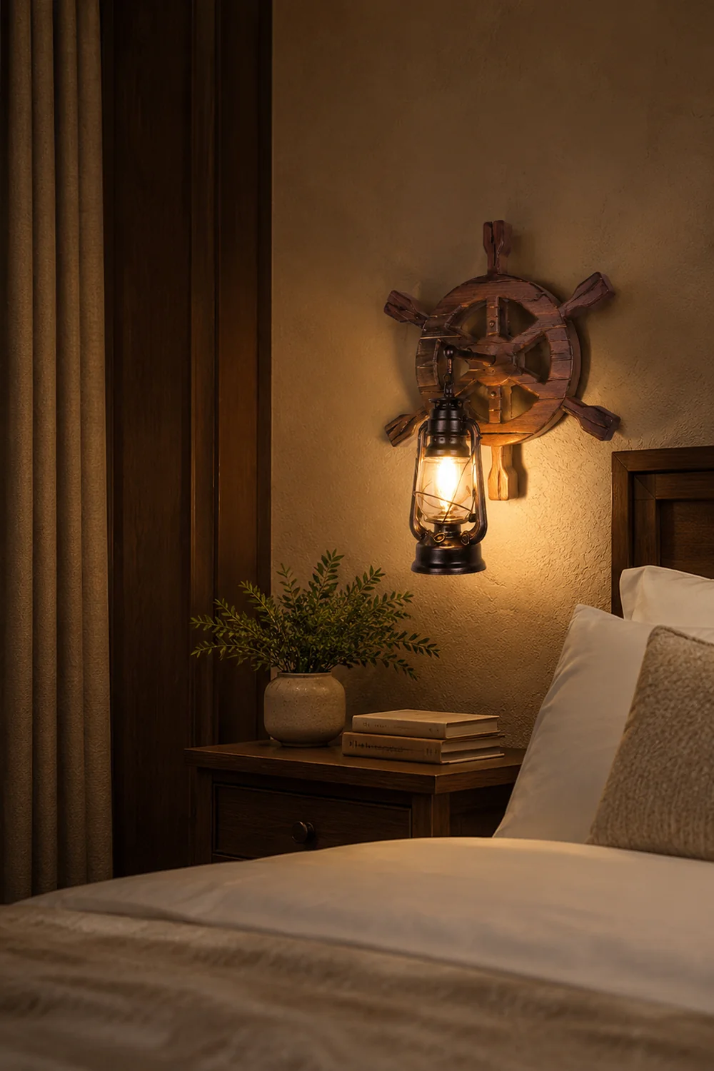 Austin Wall Lamp Retro Rudder Lantern Brown Wooden, Bedroom - Lumpaz