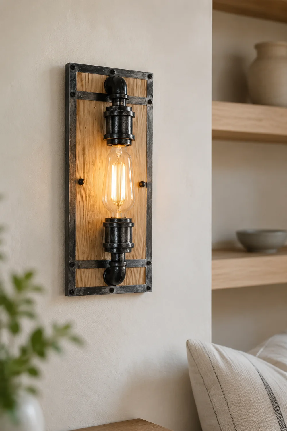 Alessio Wall Lamp Industrial Vintage Square Wooden Black Metal - Lumpaz